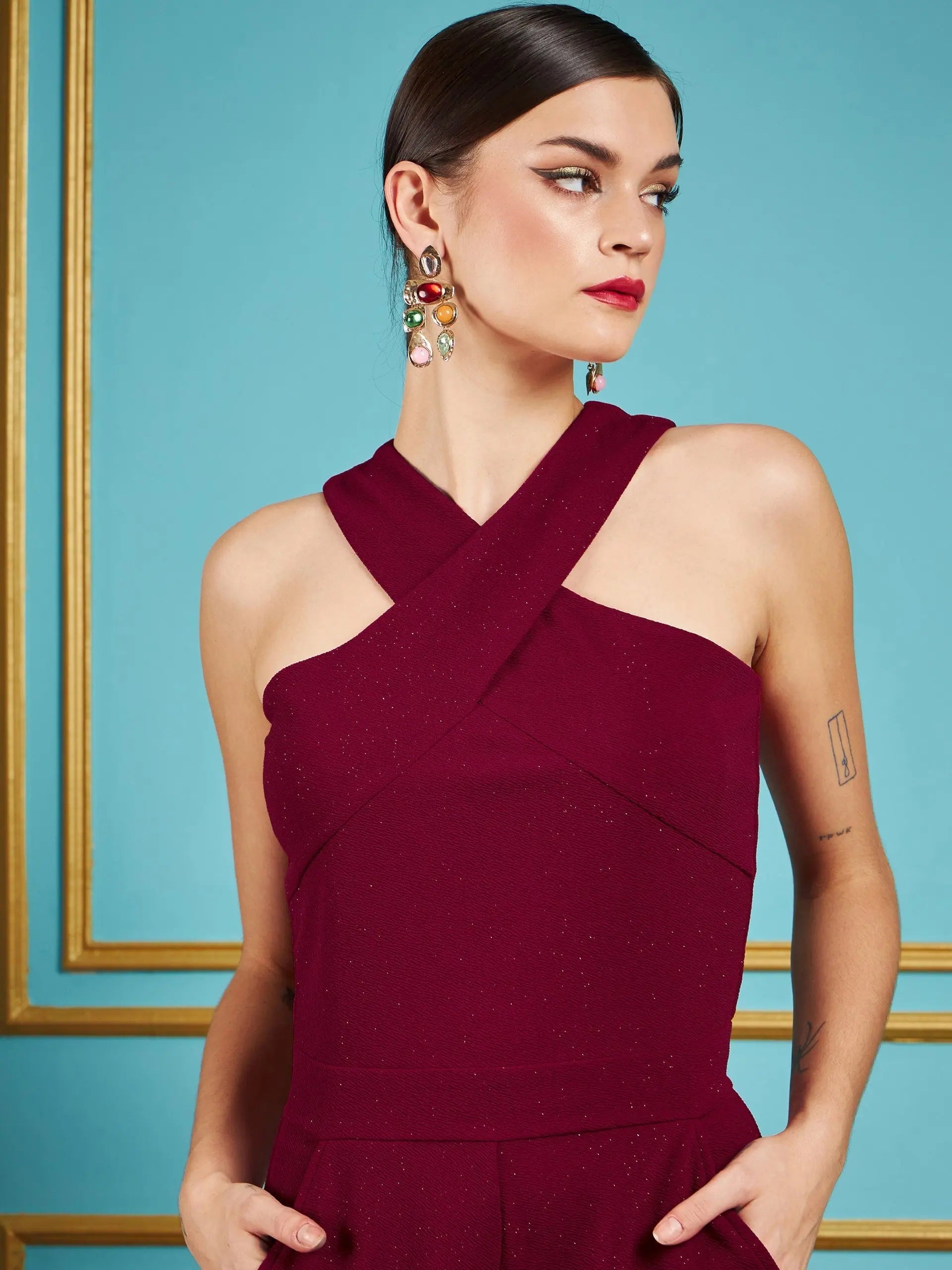 Maroon Glitter Halter Jumpsuit for Women | Party Ready