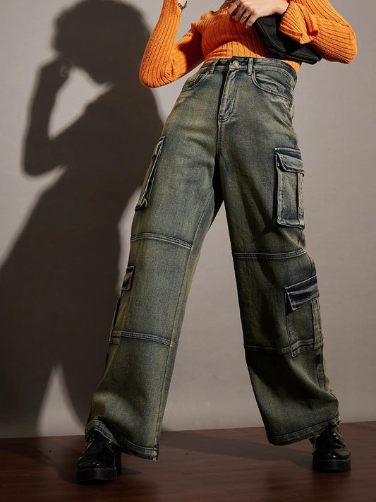 Women Green Washed Multi Pockets Detail Jeans 1920