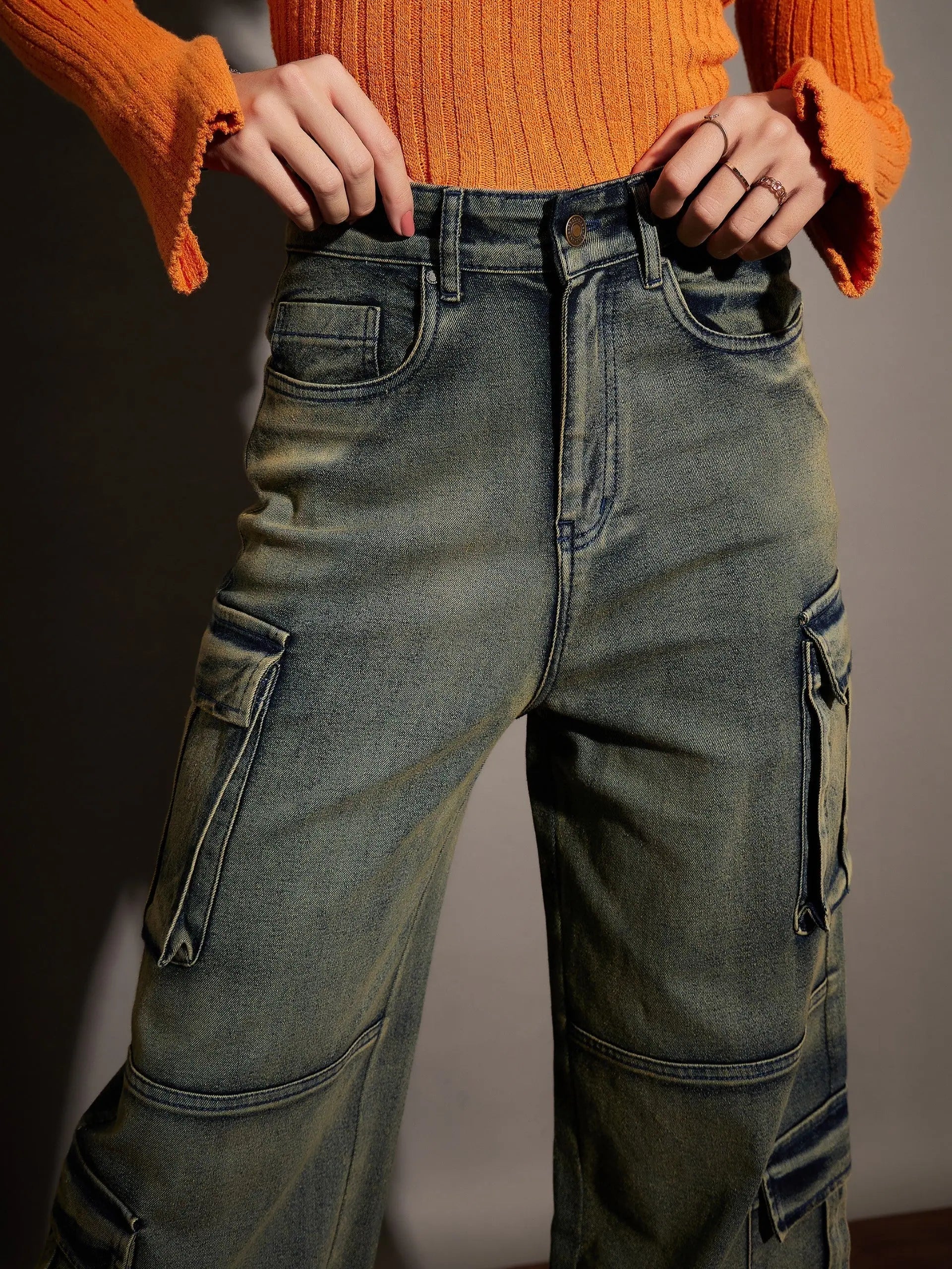 Green Pocket Detail Jeans for Women | Denim Straight Fit