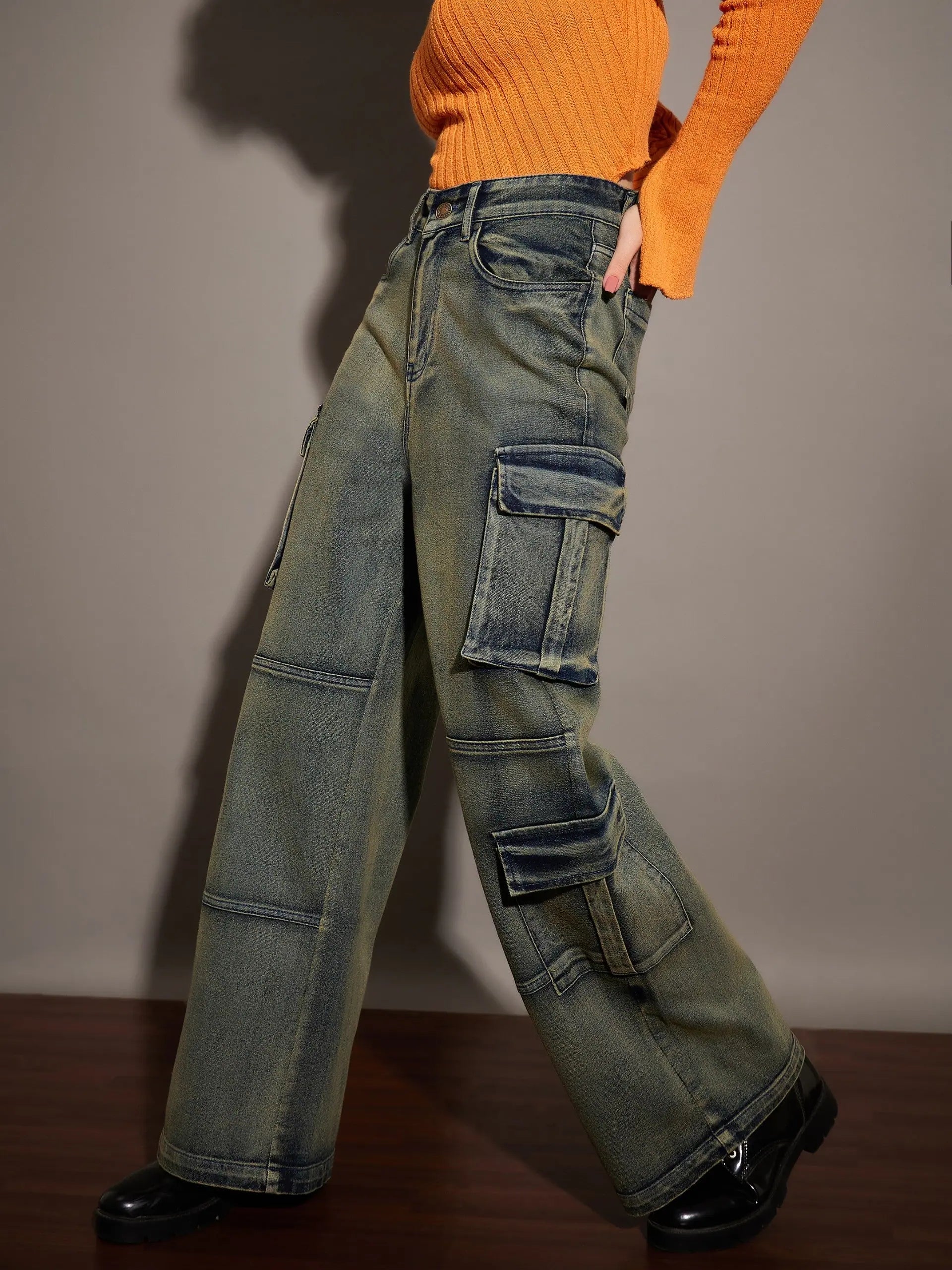 Green Pocket Detail Jeans for Women | Denim Straight Fit