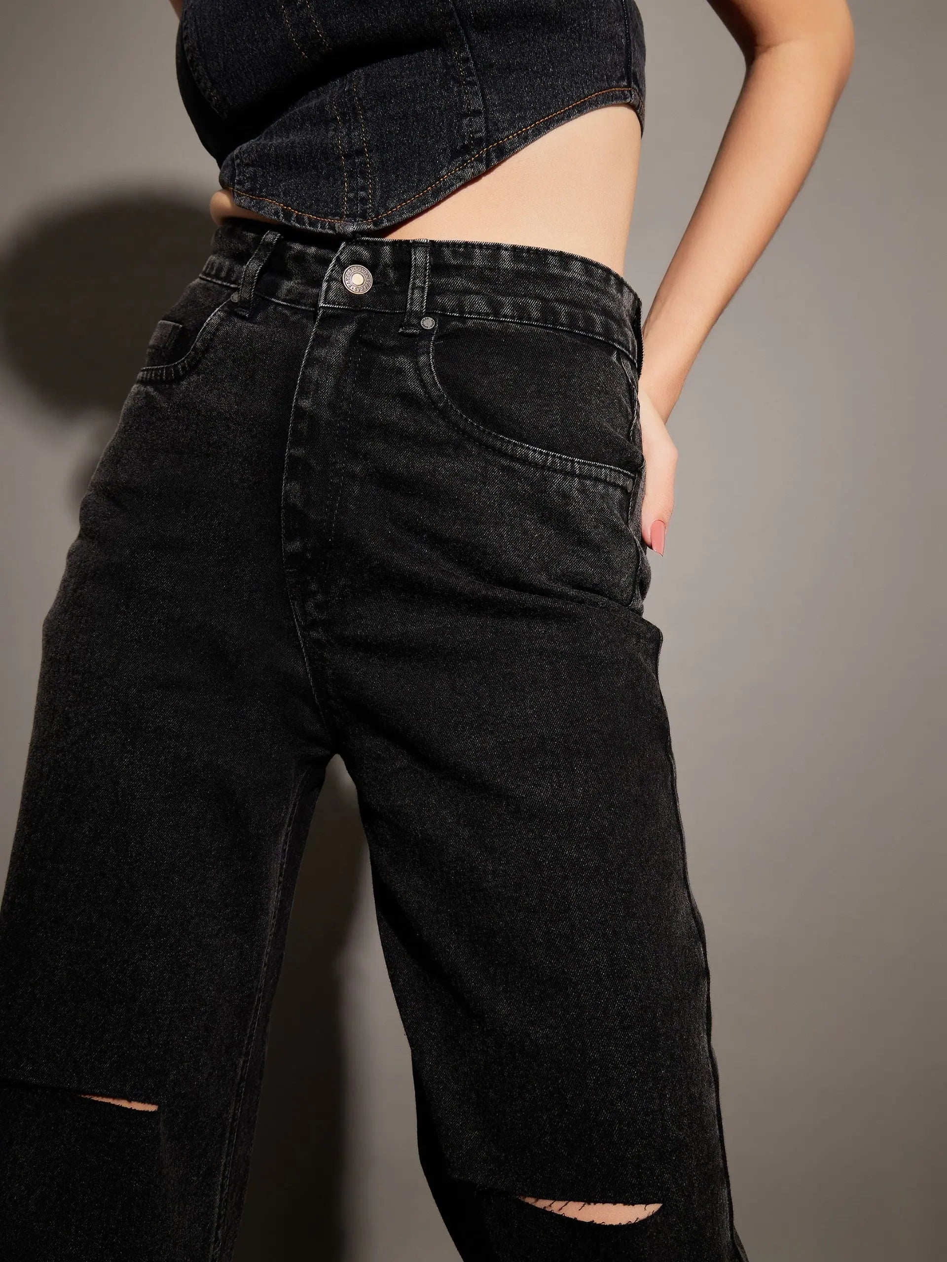 Black Washed Knee Slit Jeans - Women's Trendy Cotton Denim