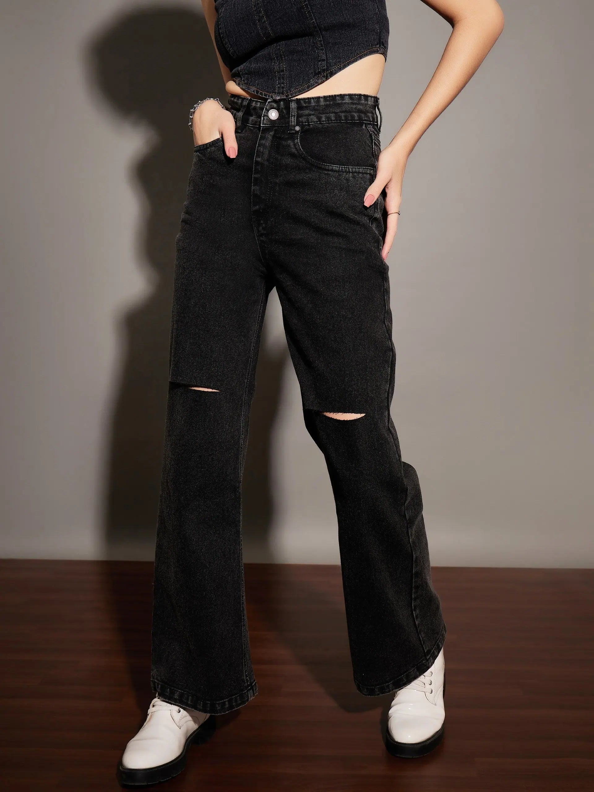 Black Washed Knee Slit Jeans - Women's Trendy Cotton Denim