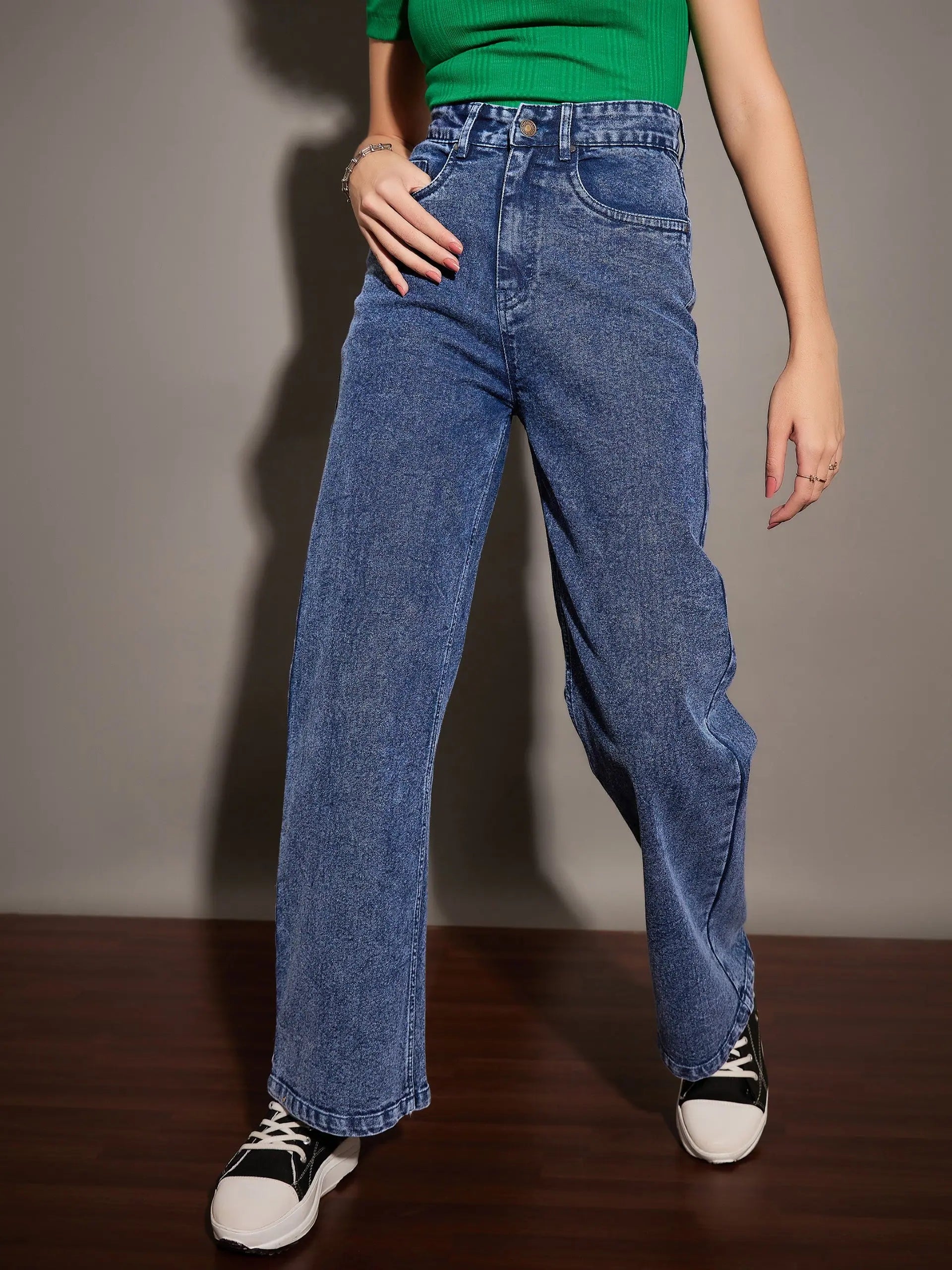 Blue Washed Straight Fit Jeans - Women's Cotton Denim Jeans