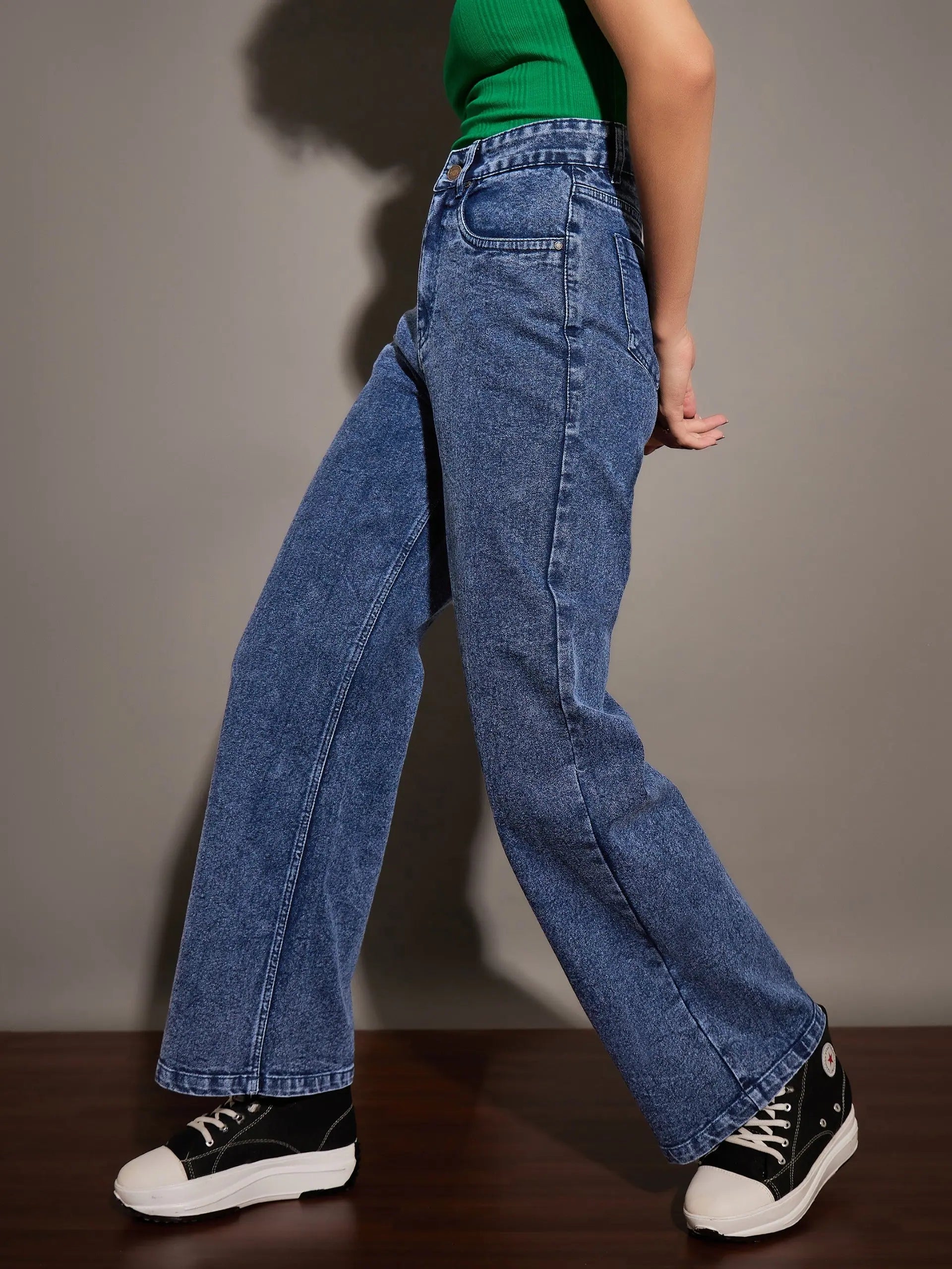 Blue Washed Straight Fit Jeans - Women's Cotton Denim Jeans