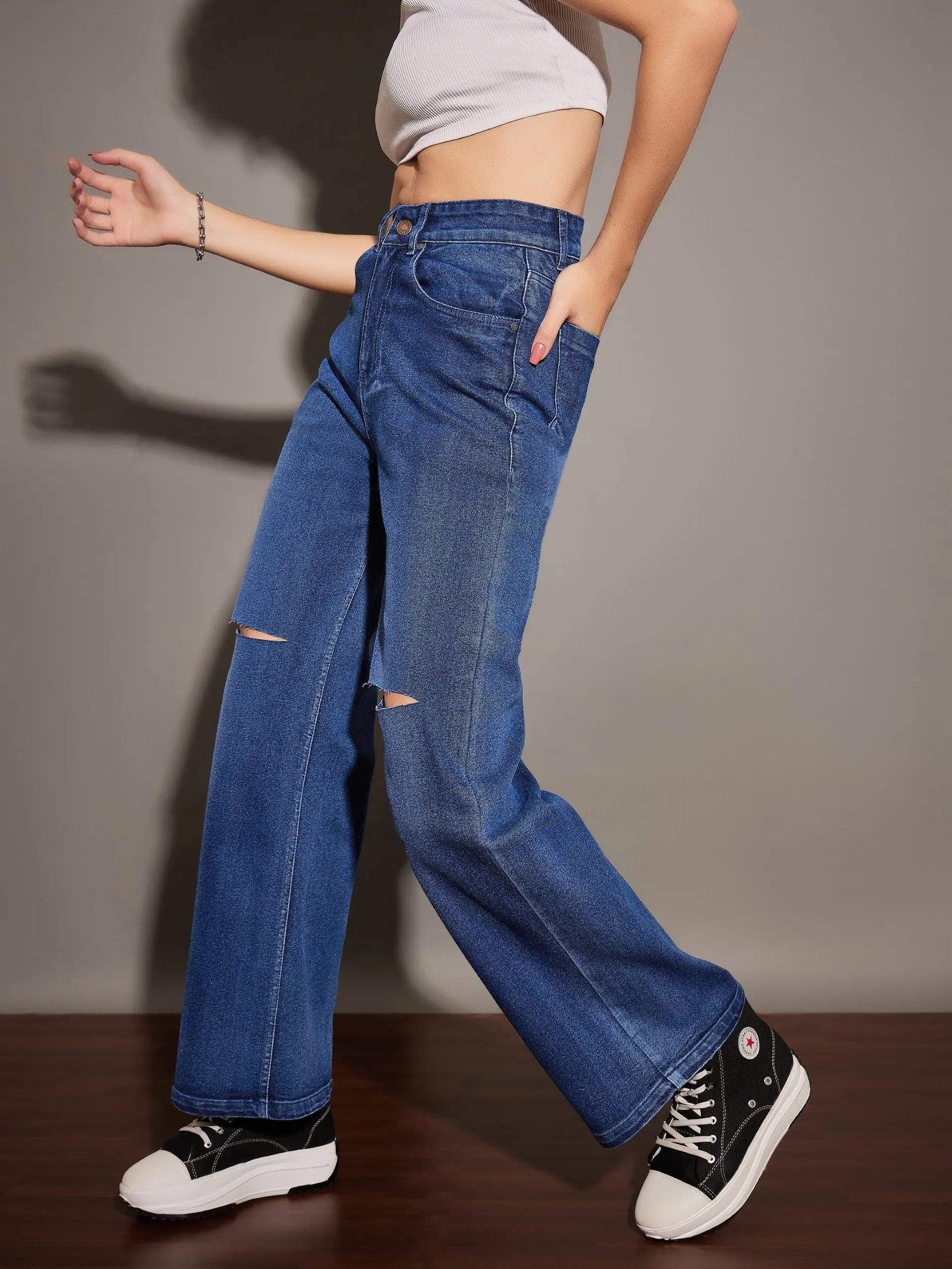 Classic Blue Knee Slit Jeans - Women's Straight Leg Denim
