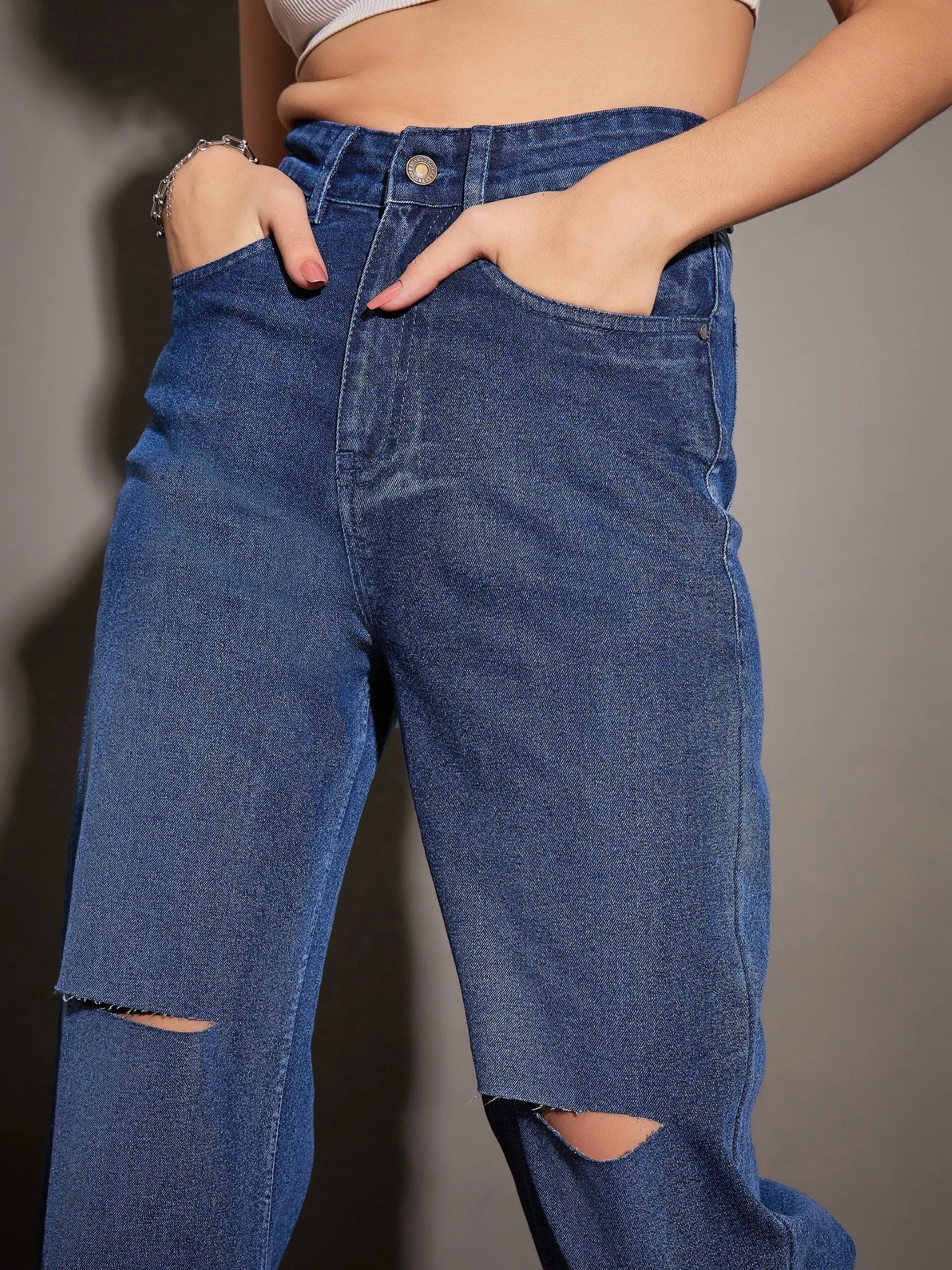 Classic Blue Knee Slit Jeans - Women's Straight Leg Denim