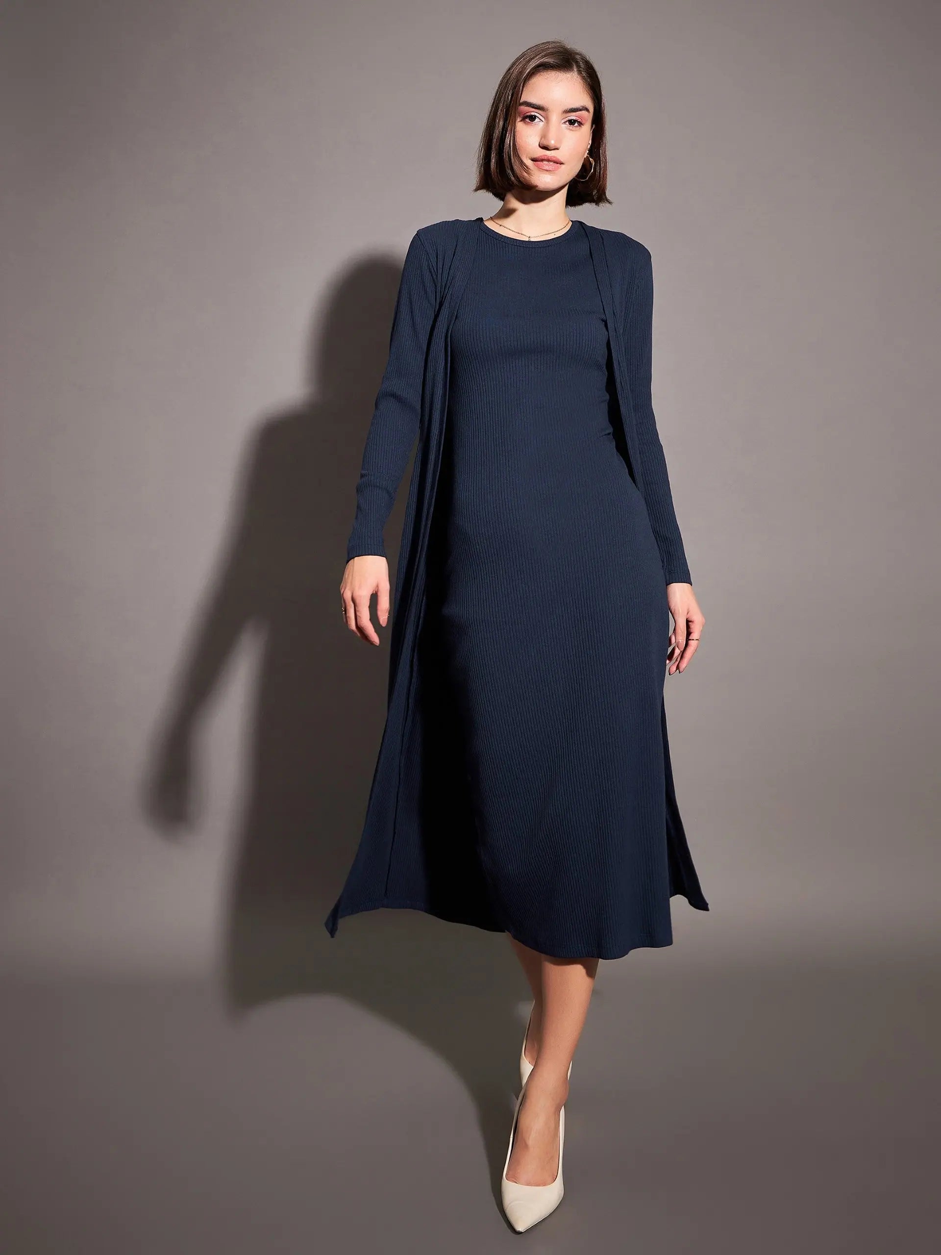 Navy Rib Front Open Shrug | Women's Stylish Shrugs Navy Rib Front Open Shrug | Women's Stylish Shrugs