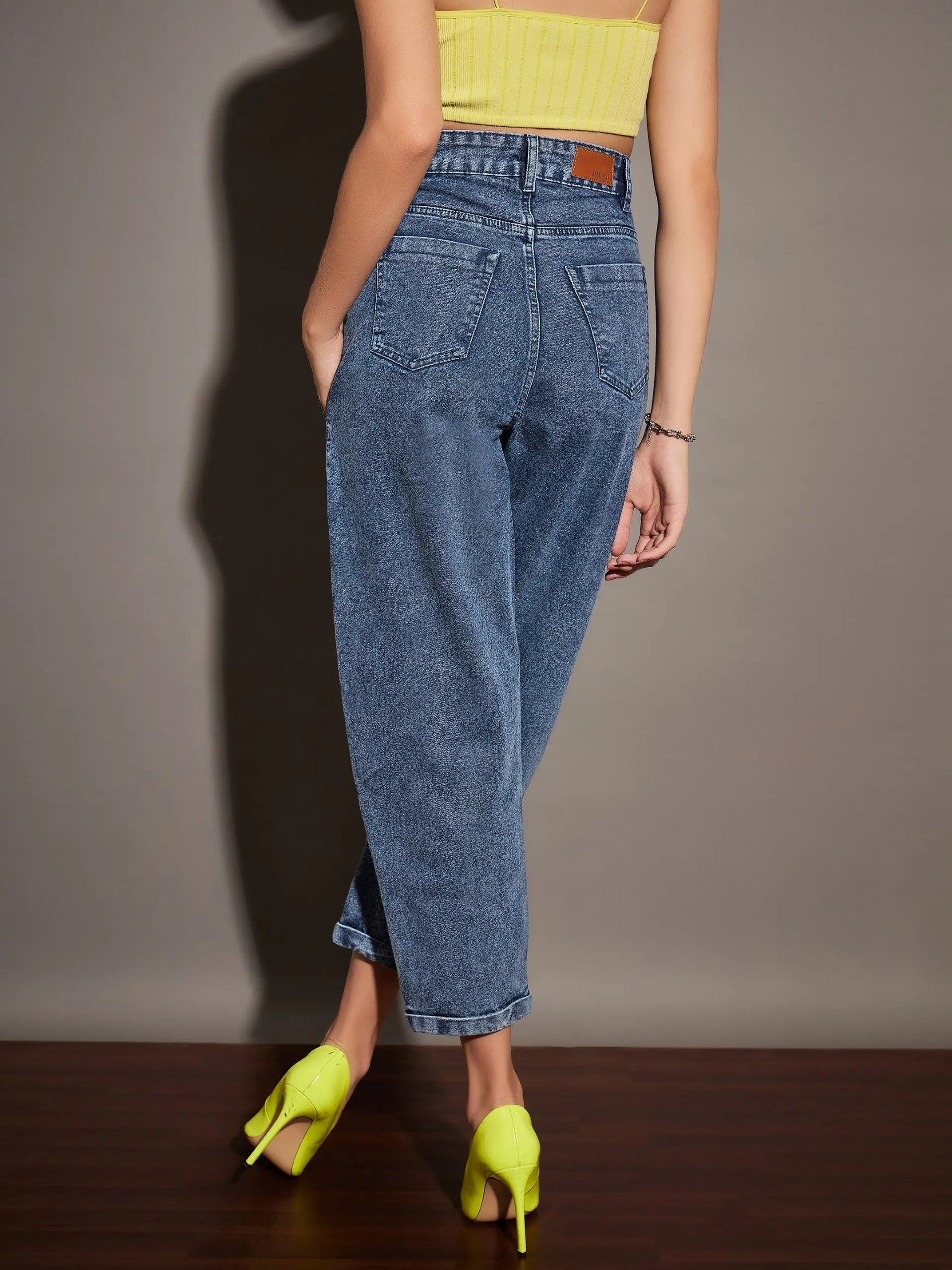 Navy Washed Balloon Fit Jeans - Stylish Cotton Denim