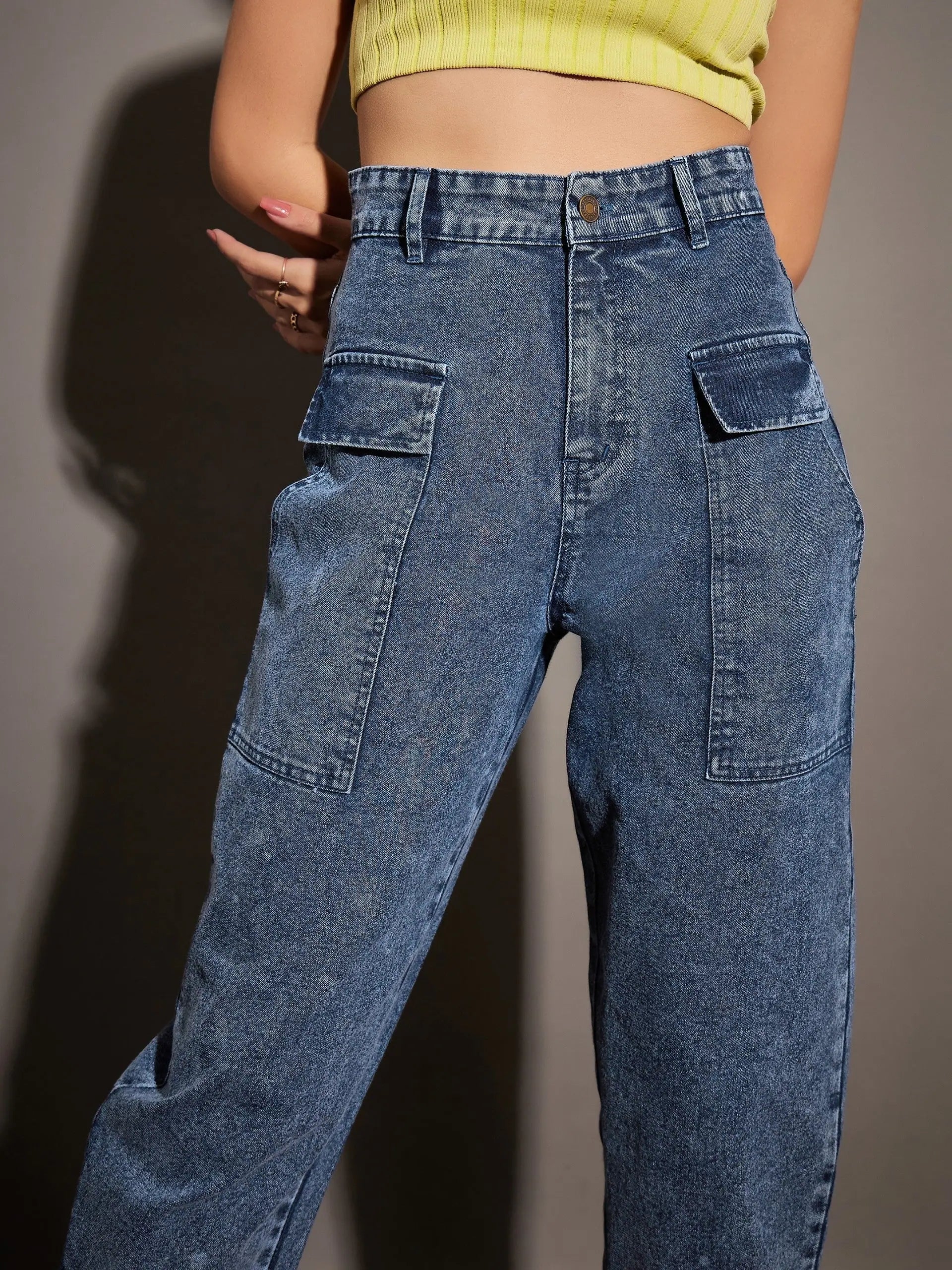 Navy Washed Balloon Fit Jeans - Stylish Cotton Denim