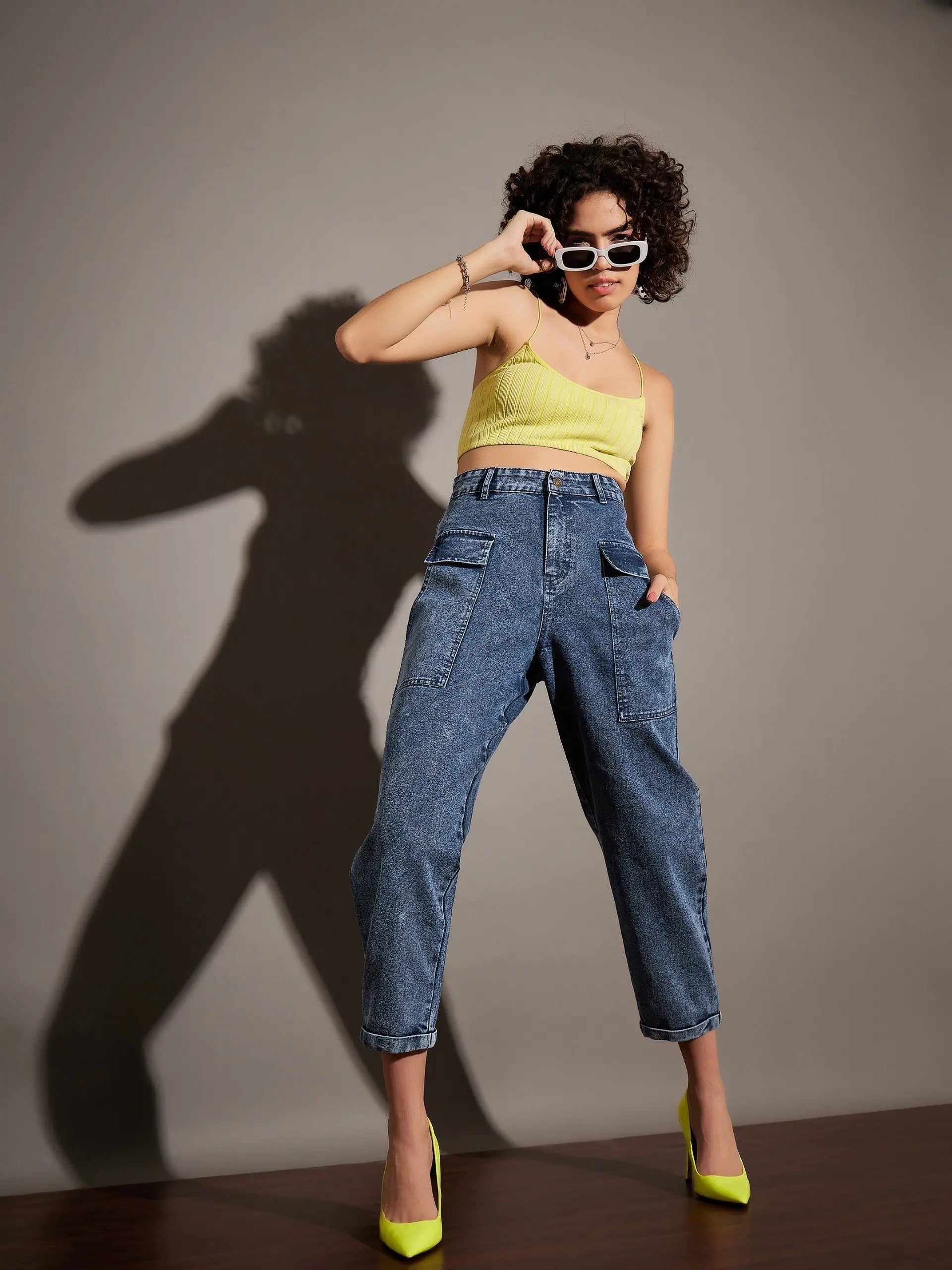 Navy Washed Balloon Fit Jeans - Stylish Cotton Denim