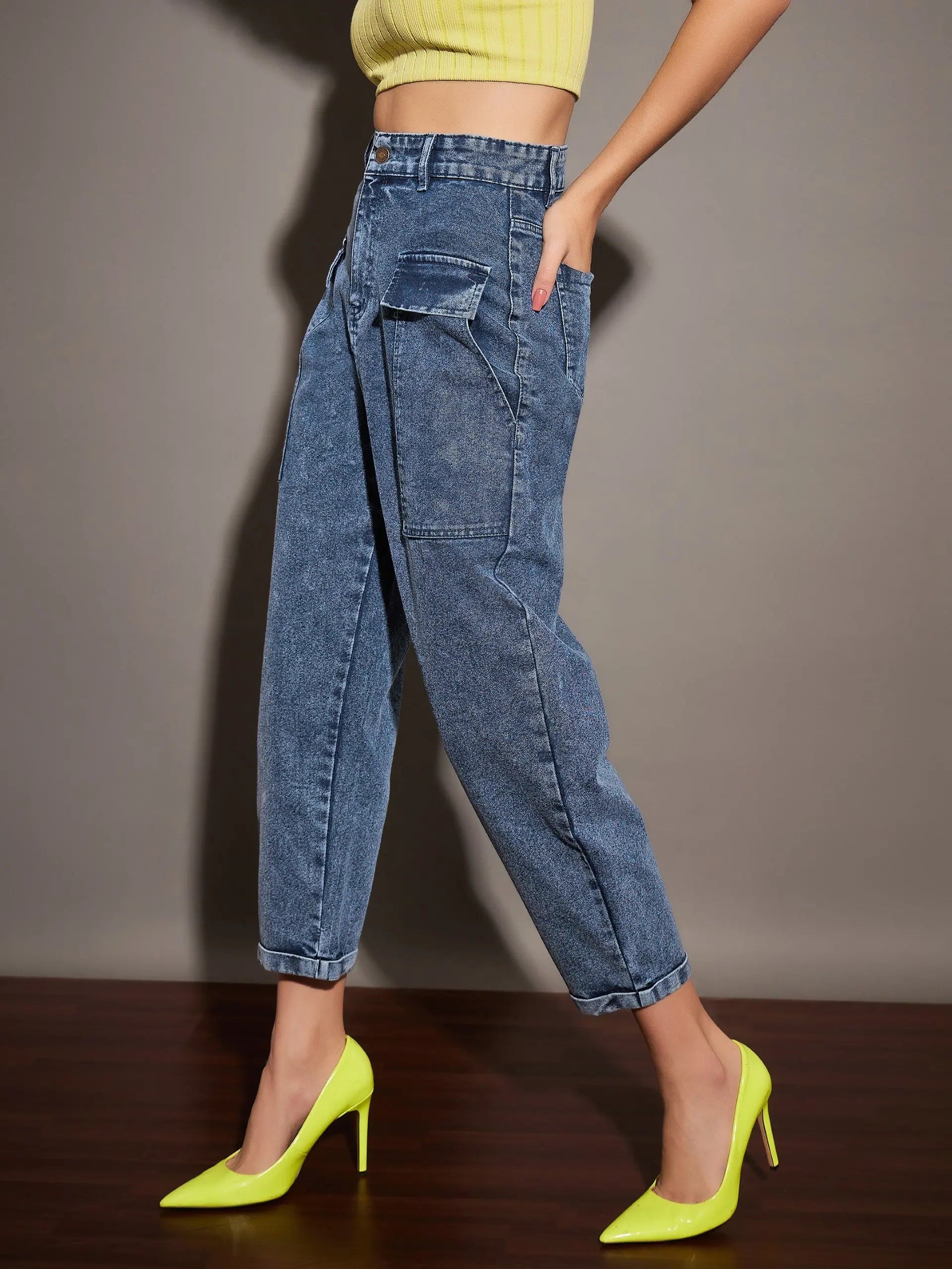 Navy Washed Balloon Fit Jeans - Stylish Cotton Denim