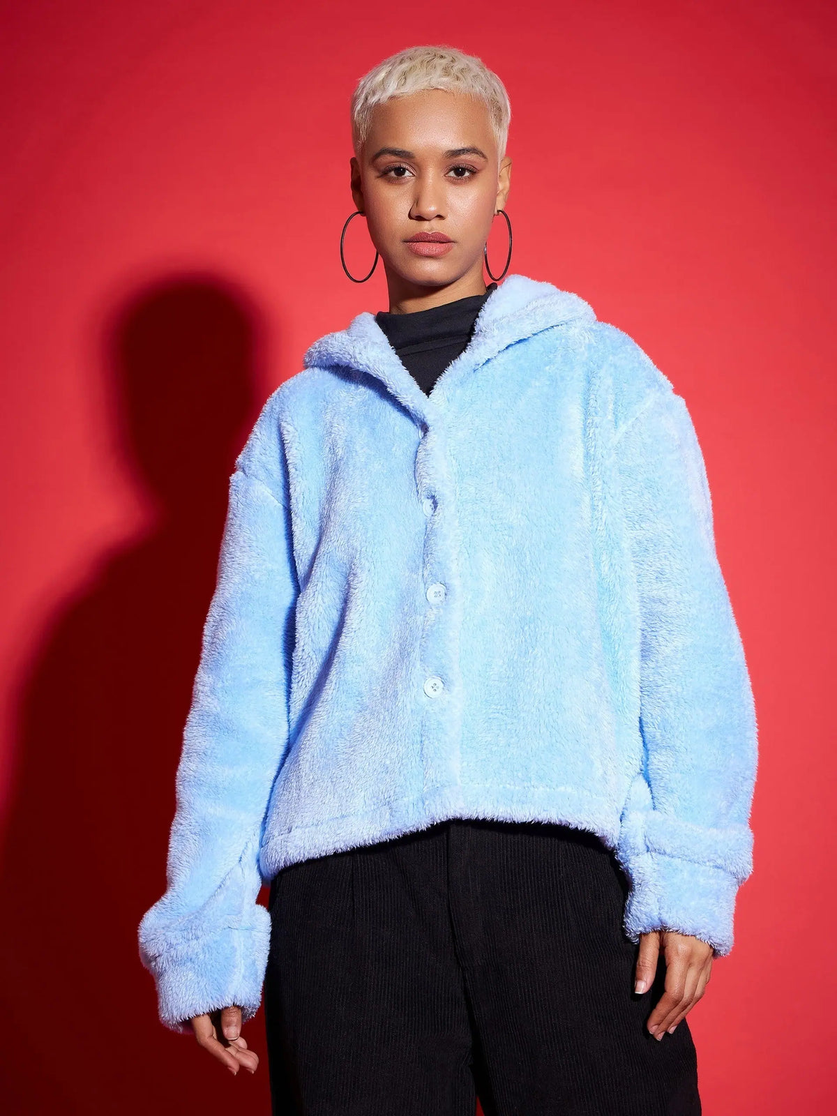 Women Solid Standard Blue Full Sleeve Jacket