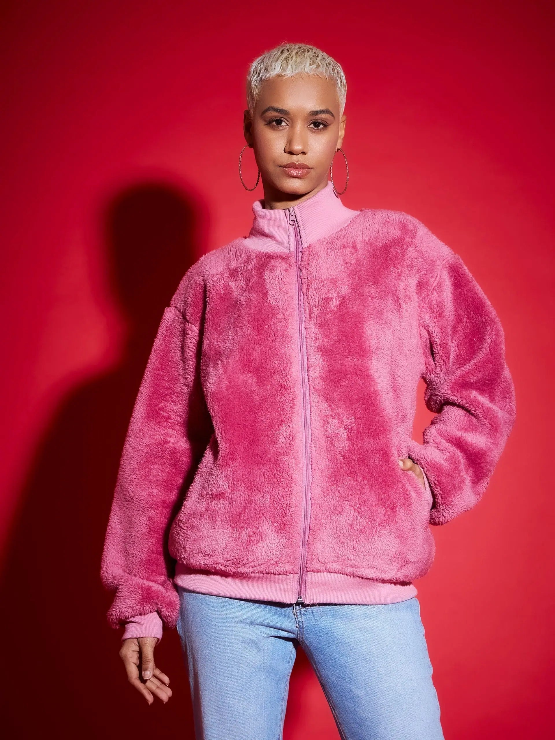 Pink Fur High Neck Jacket - Women's Fashion Jackets & Outerwear