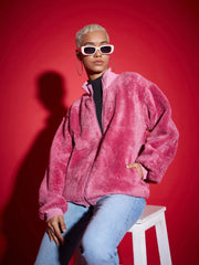 Women Solid Standard Pink High Neck Full Sleeve Jacket