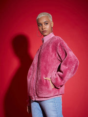 Women Solid Standard Pink High Neck Full Sleeve Jacket