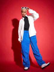 Women Solid Standard White High Neck Full Sleeve Jacket