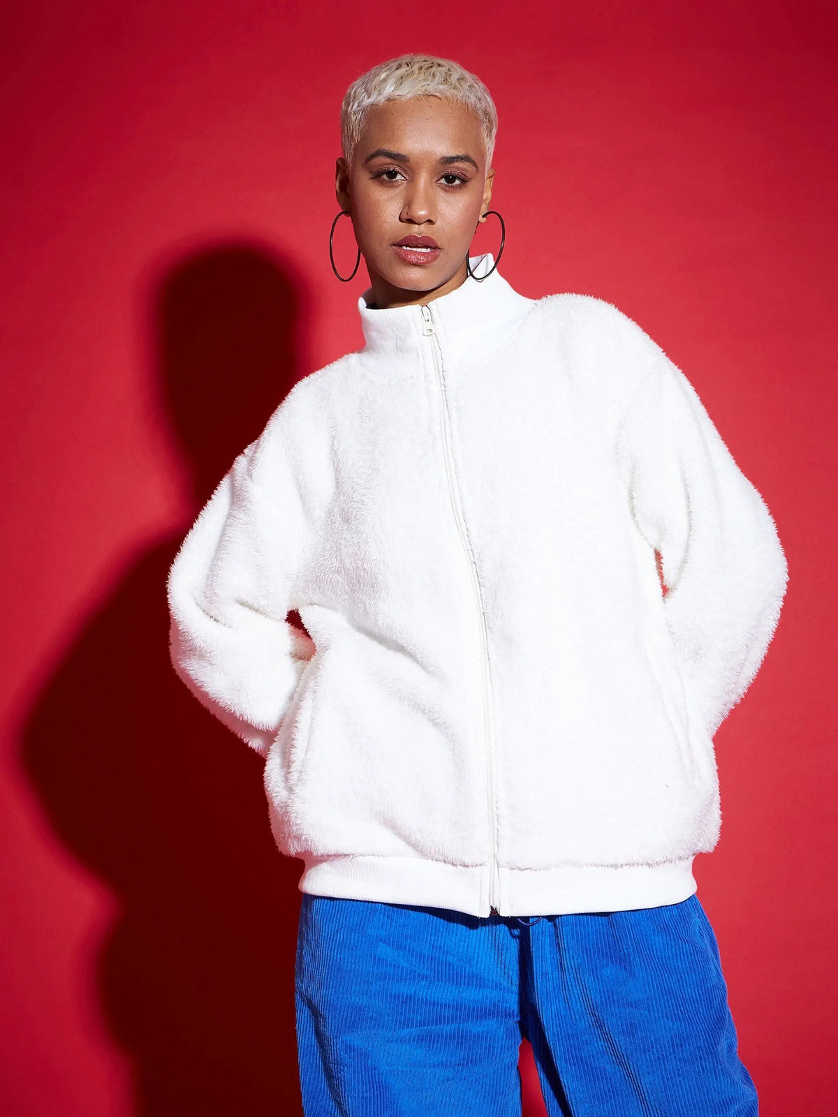 Women Solid Standard White High Neck Full Sleeve Jacket