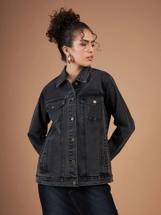 Women Solid Standard Black Collared Neck Full Sleeve Jacket 1920