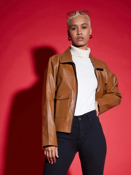 Women Solid Standard Brown Collared Neck Full Sleeve Jacket 1920