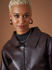 Women Solid Standard Brown Collared Neck Full Sleeve Jacket