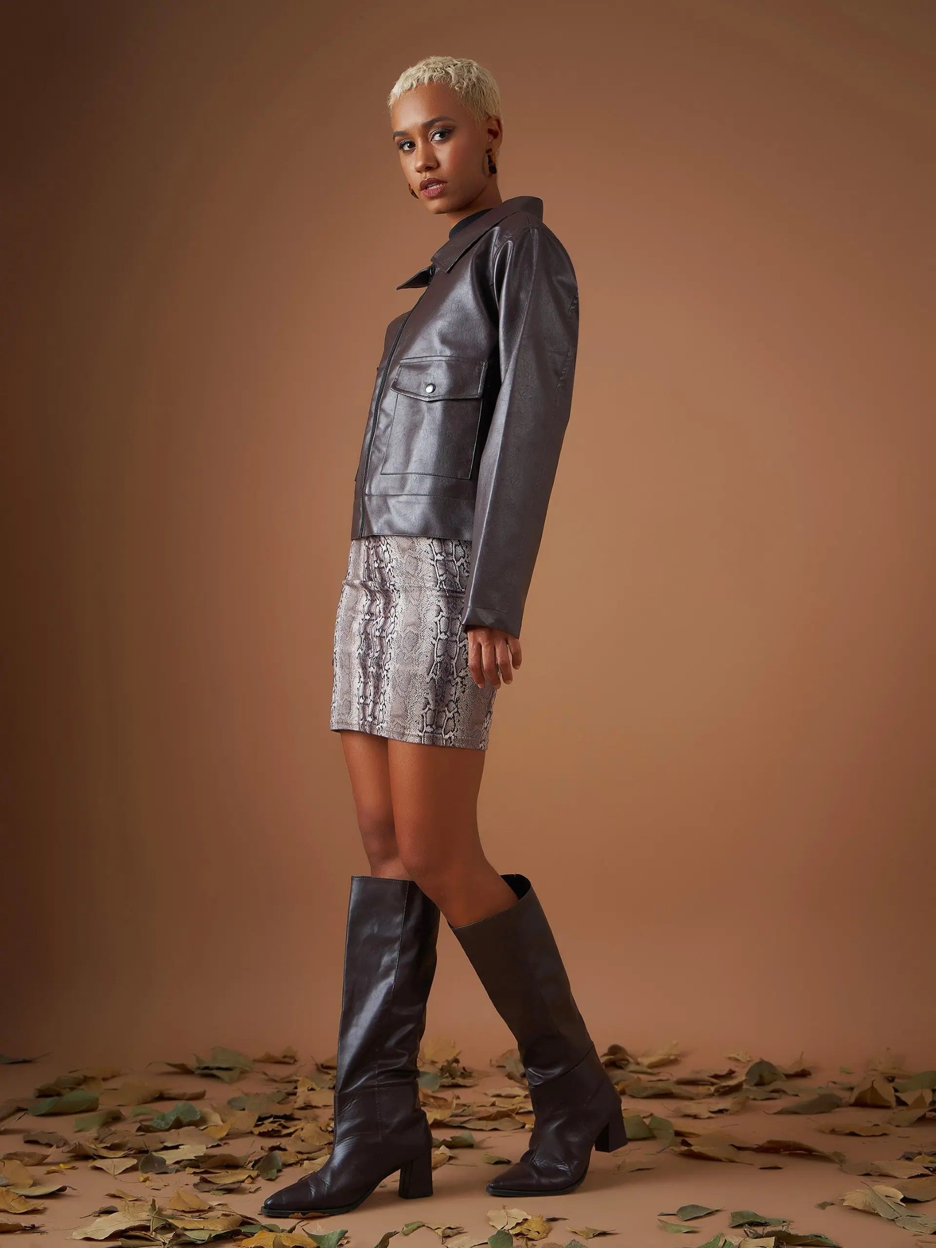 Brown PU Women's Jacket | Trendy Collared Neck Outerwear