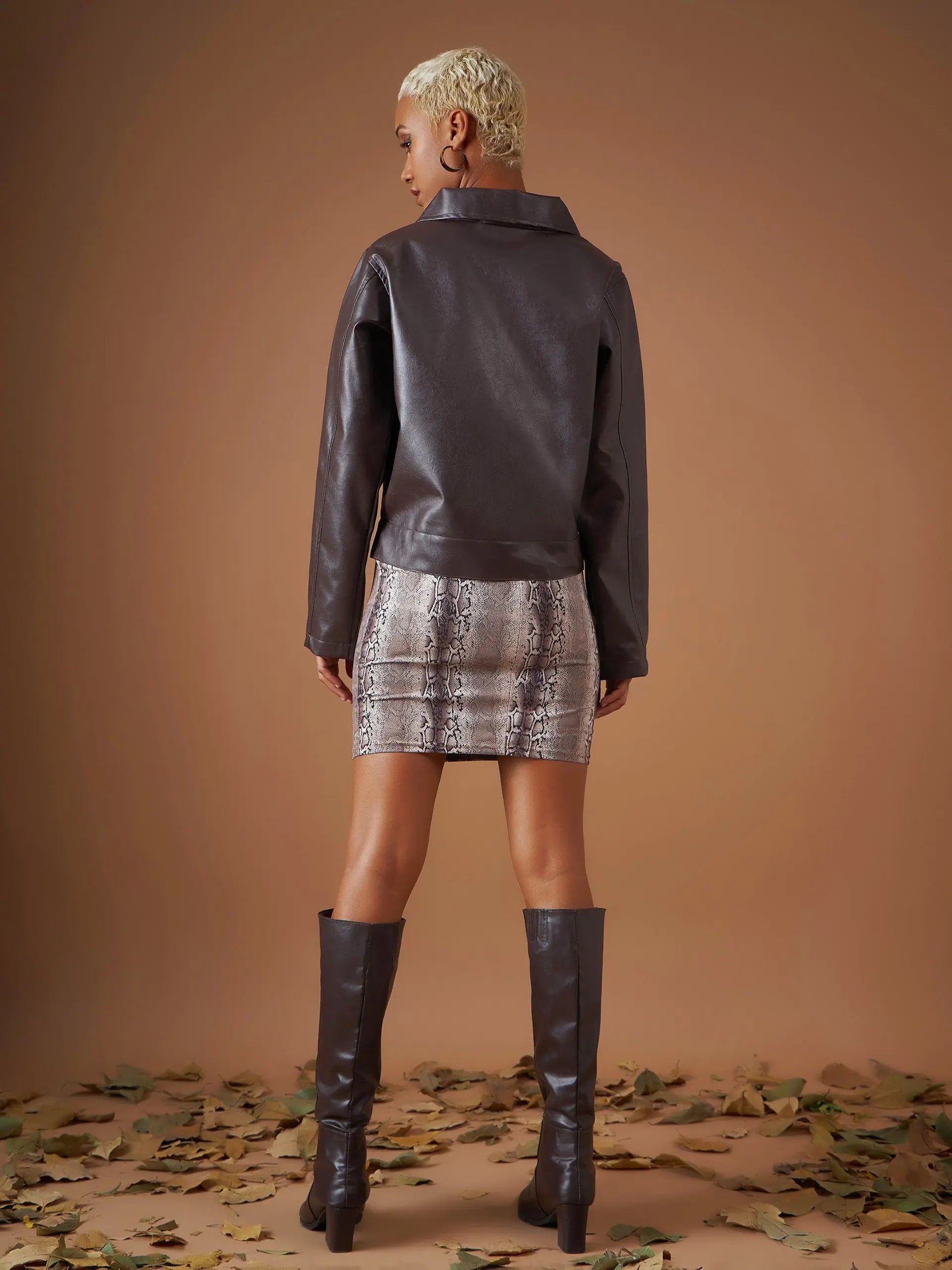 Brown PU Women's Jacket | Trendy Collared Neck Outerwear