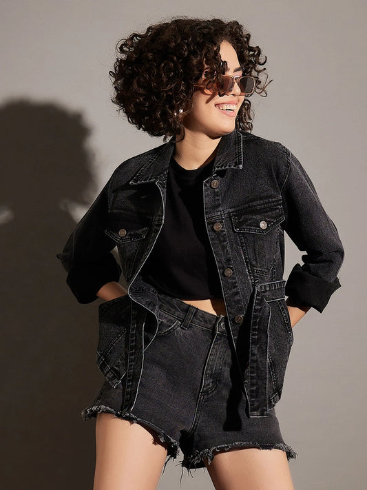 Women Solid Standard Black Collared Neck Full Sleeve Jacket 1920