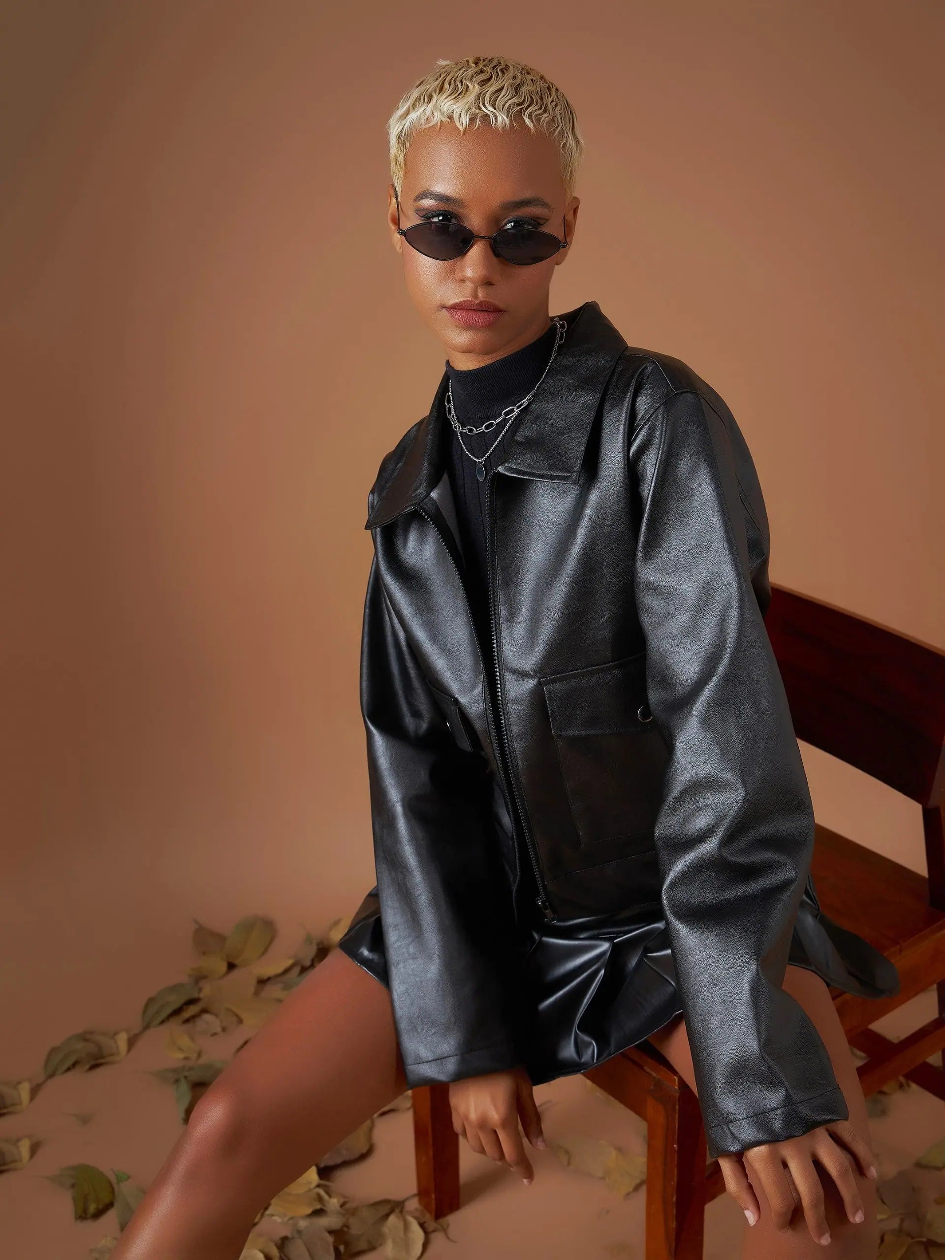 Black PU Women's Fashion Jacket | Collared Neck Outerwear