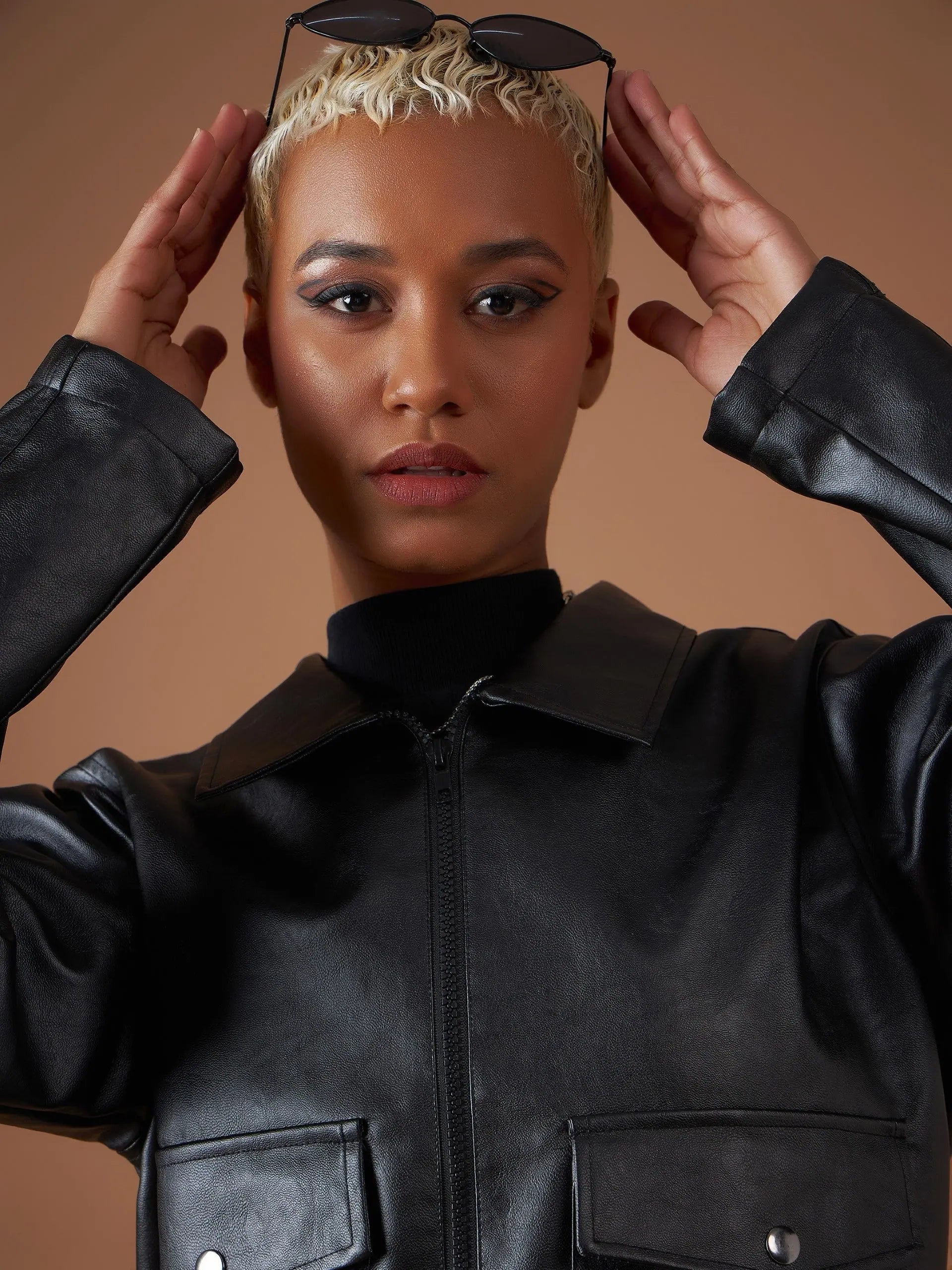 Black PU Women's Fashion Jacket | Collared Neck Outerwear