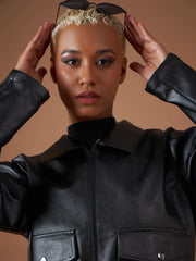 Women Solid Standard Black Collared Neck Full Sleeve Jacket