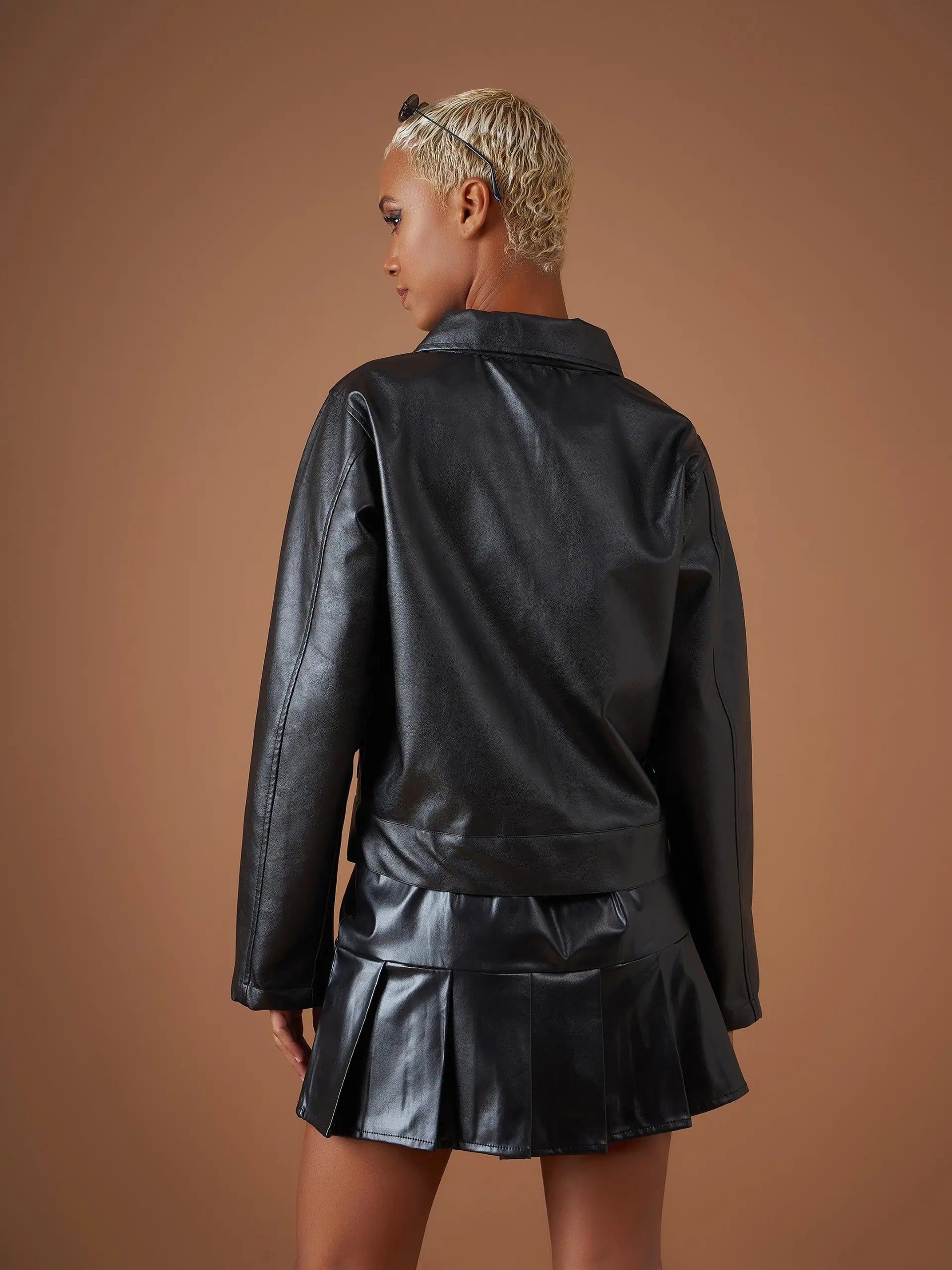 Black PU Women's Fashion Jacket | Collared Neck Outerwear