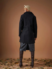 Women Black Tweed Notch Collar Longline Blazer