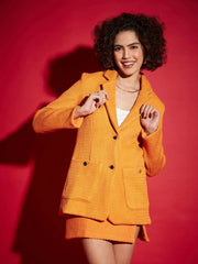 Women Orange Tweed Notch Collar Blazer