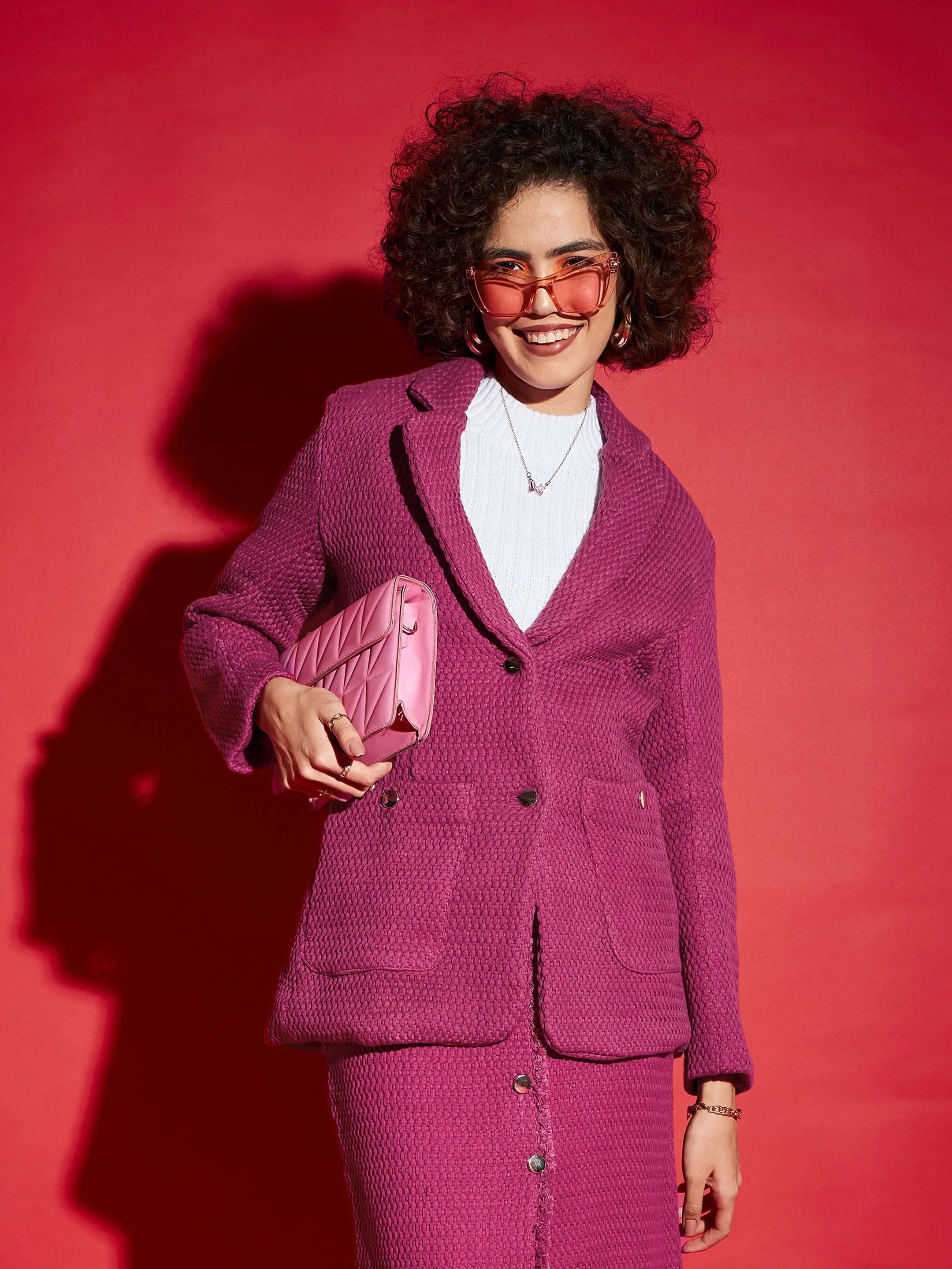 Magenta Tweed Notch Collar Blazer | Women's Western Wear