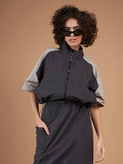 Women Color Blocked Standard Grey Full Sleeve Jacket