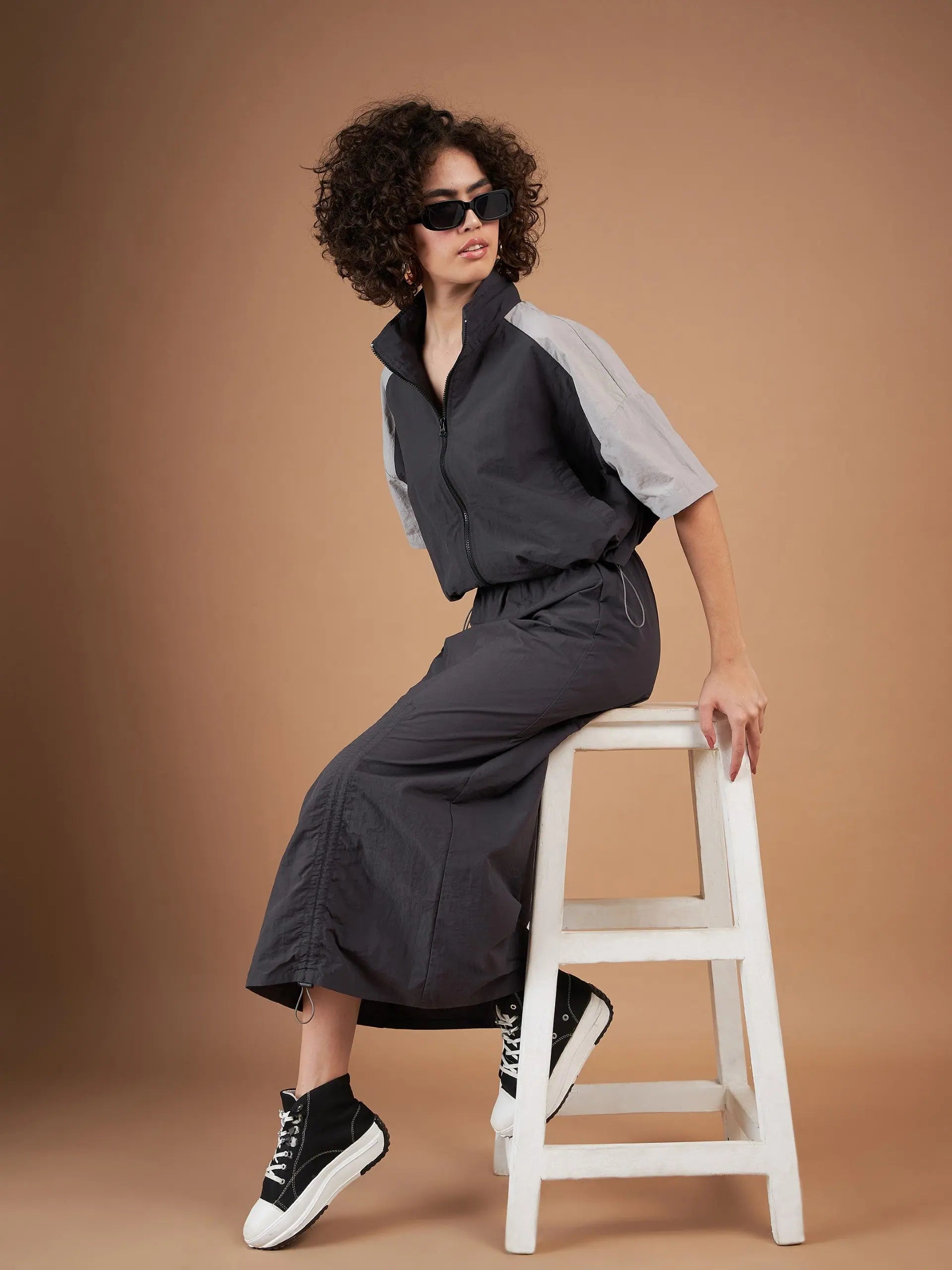 Dark Grey Color Blocked Jacket for Women | Winter Coats