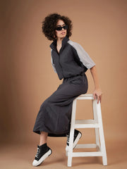 Women Color Blocked Standard Grey Full Sleeve Jacket