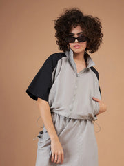 Women Color Blocked Standard Grey Full Sleeve Jacket
