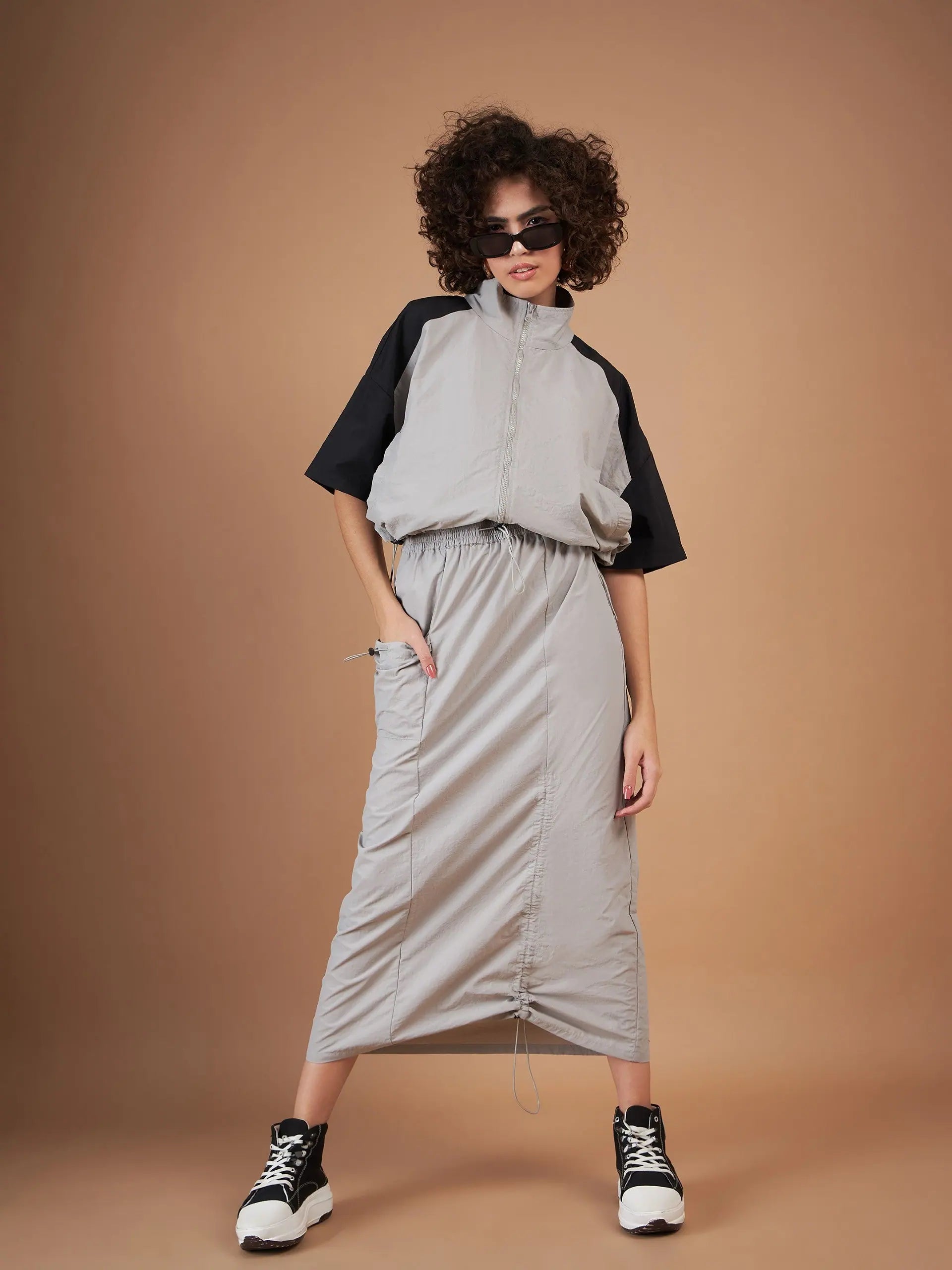 Grey Color Blocked Parachute Women's Jacket | Outerwear