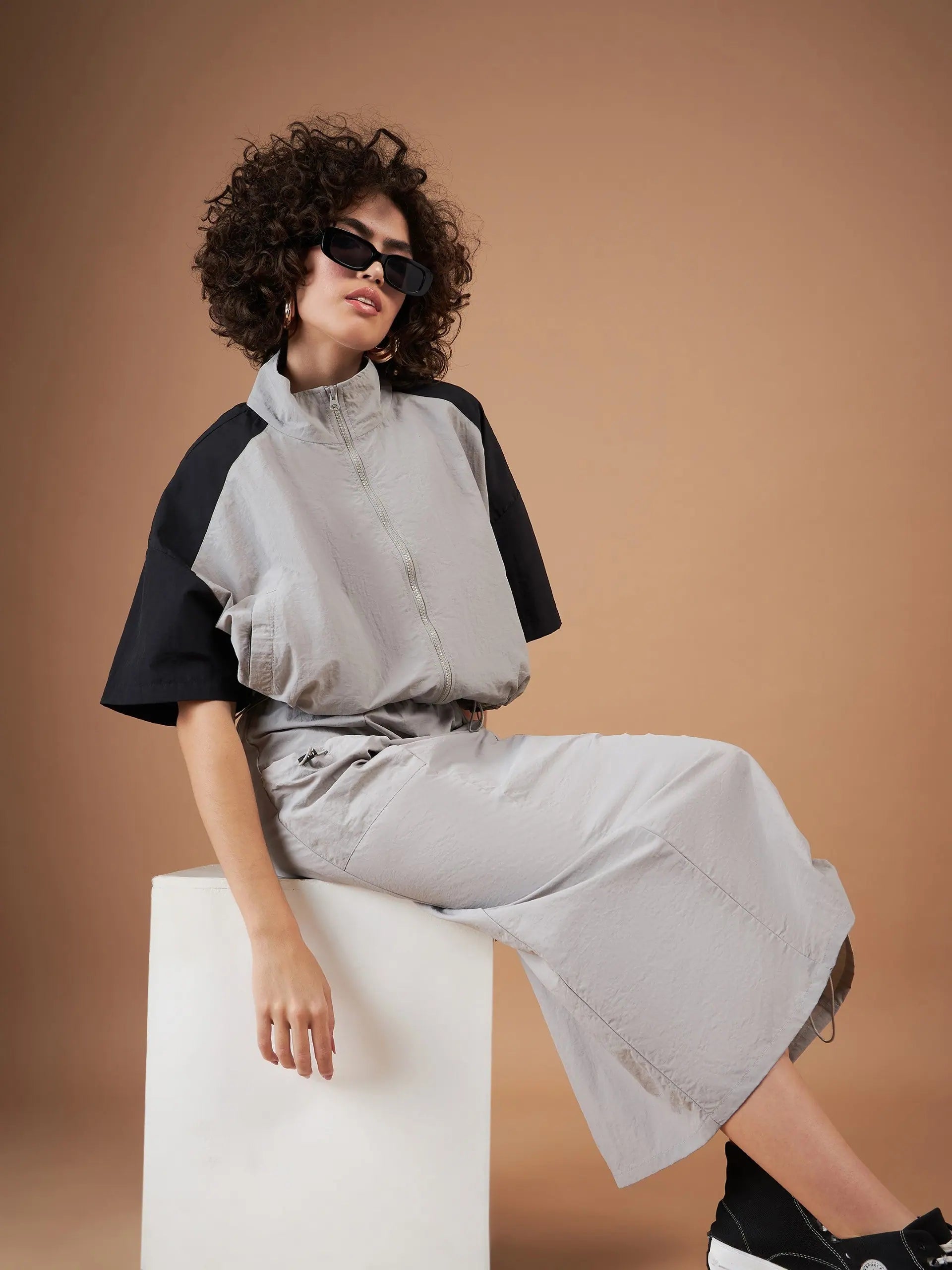 Grey Color Blocked Parachute Women's Jacket | Outerwear