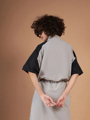 Women Color Blocked Standard Grey Full Sleeve Jacket