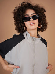 Women Color Blocked Standard Grey Full Sleeve Jacket