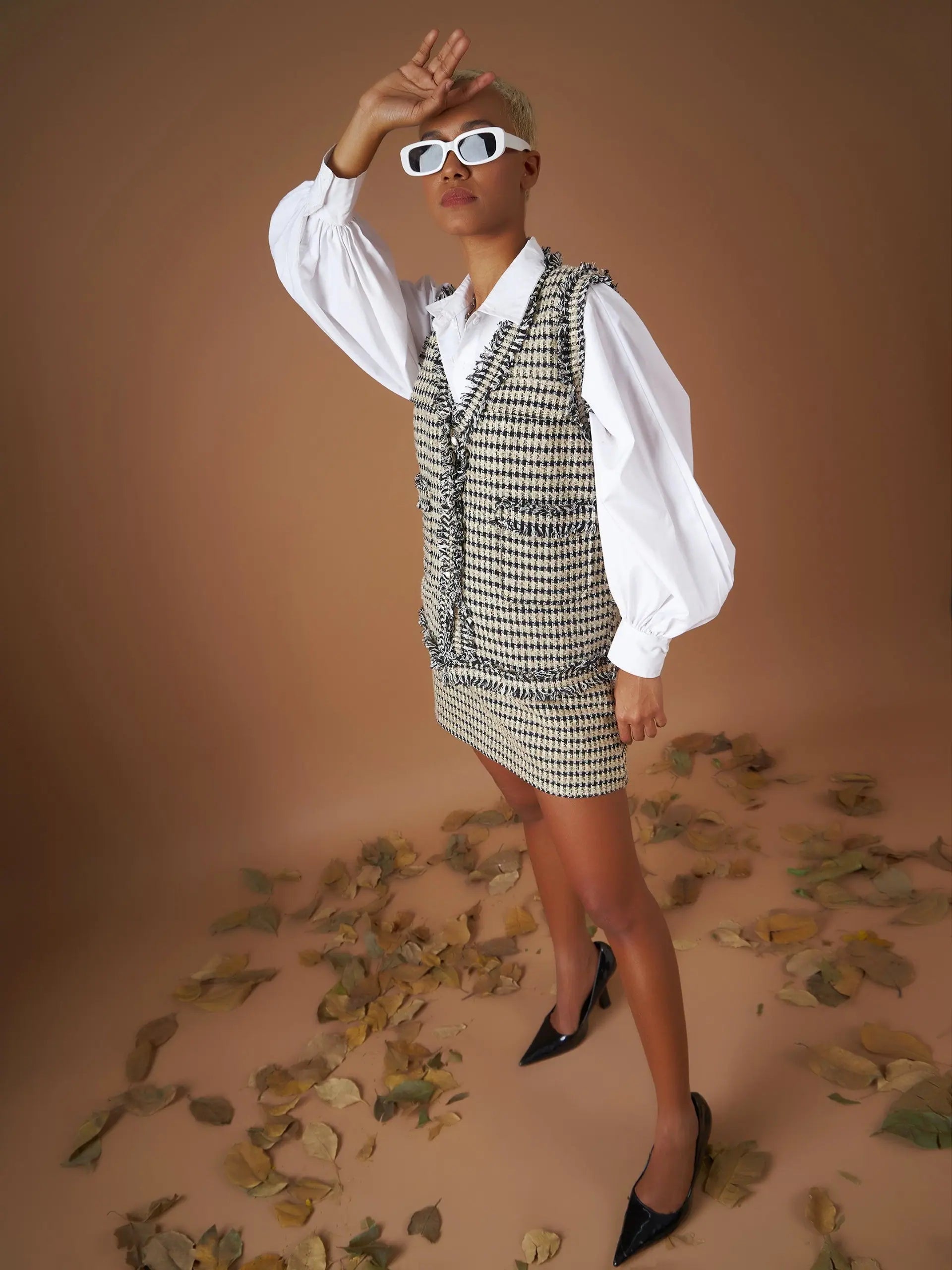 Off-White Tweed Sleeveless Blazer - Women's Western Clothing