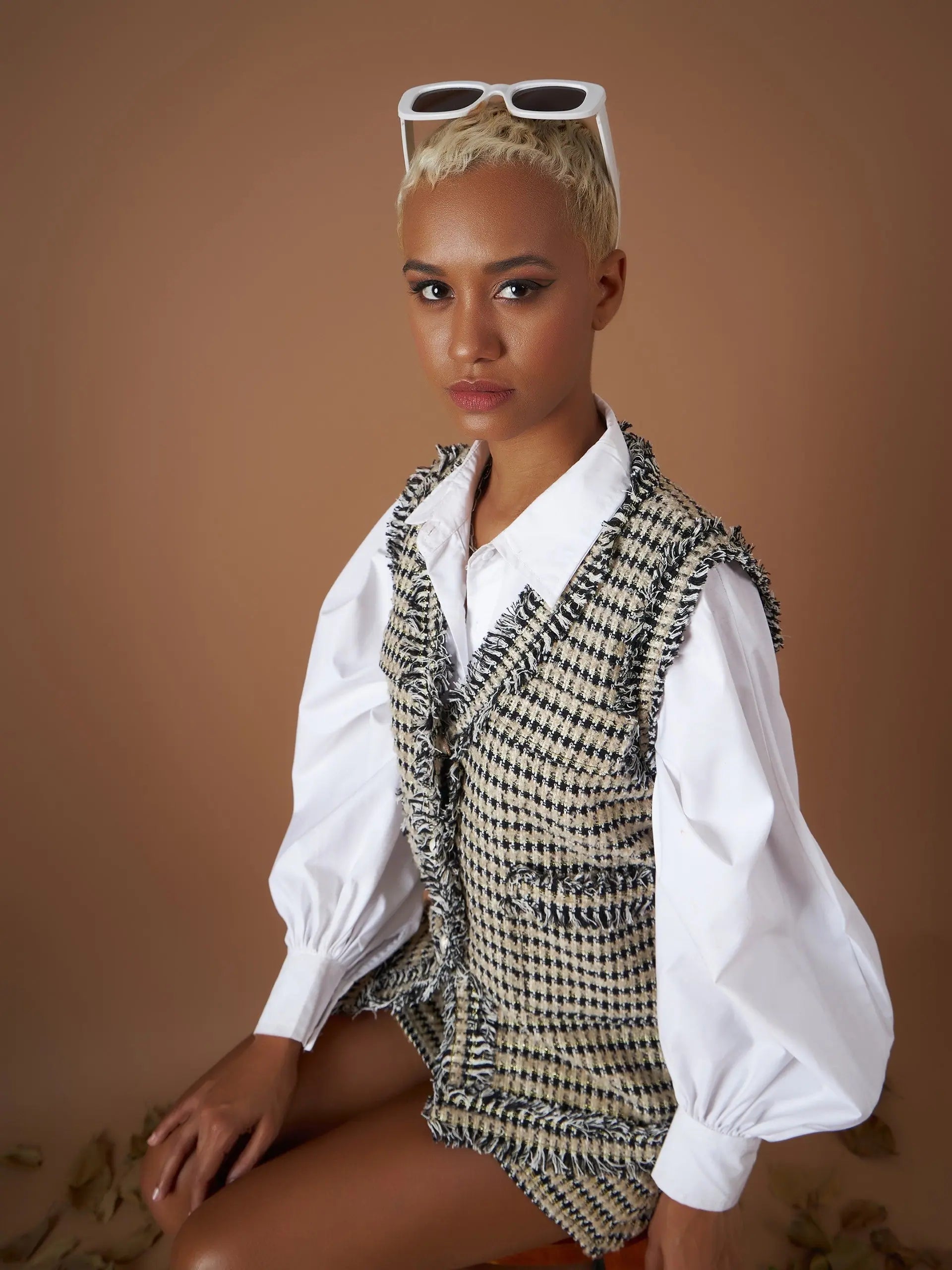 Off-White Tweed Sleeveless Blazer - Women's Western Clothing