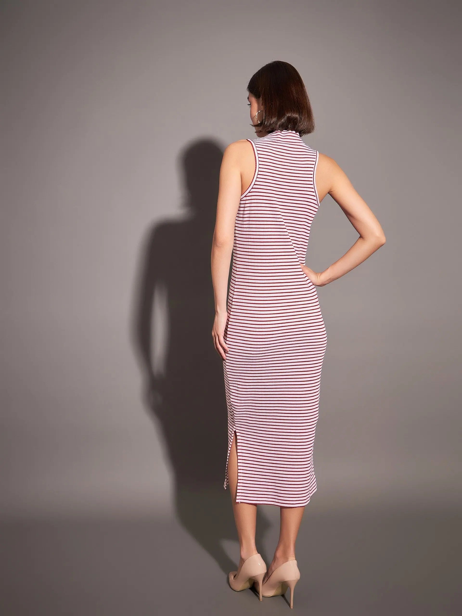 Red & White Striped Sleeveless Dress | Women's Lehenga Collection