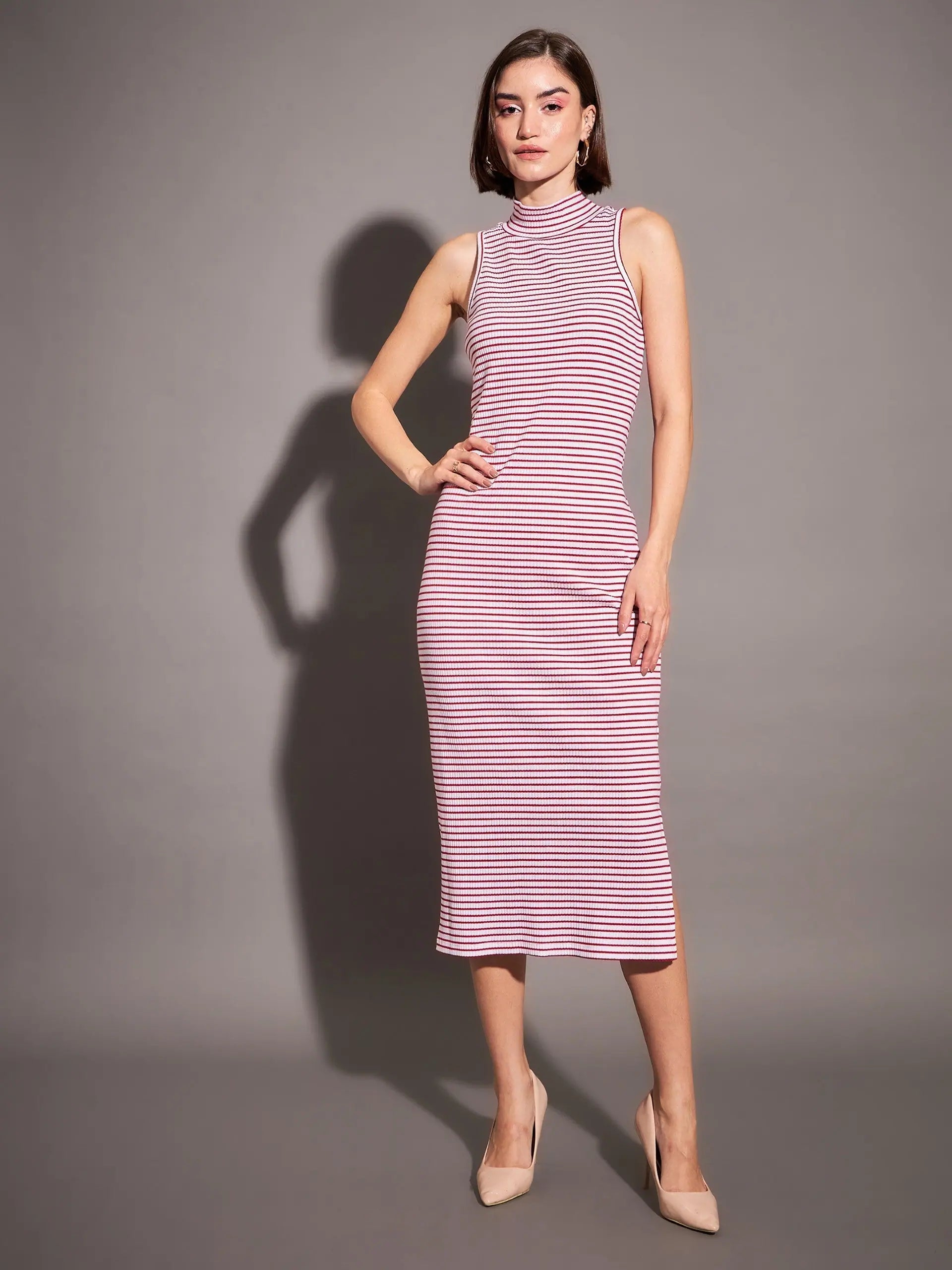 Red & White Striped Sleeveless Dress | Women's Lehenga Collection