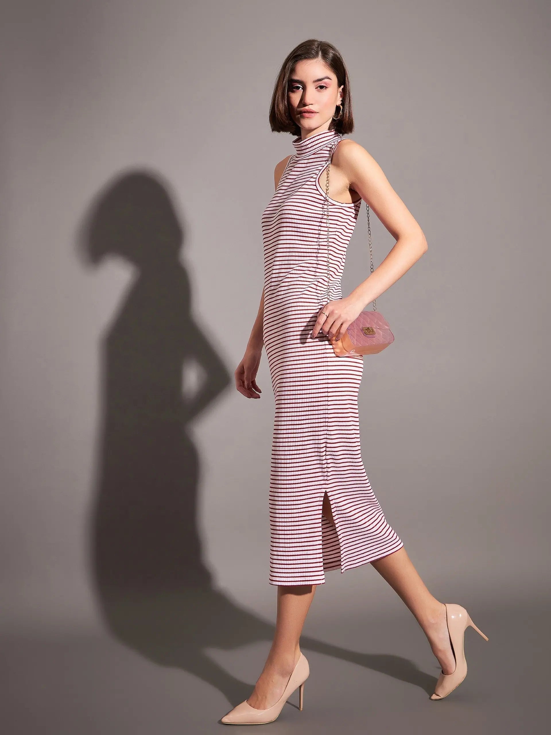 Red & White Striped Sleeveless Dress | Women's Lehenga Collection