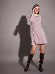 Women Red & White Striped Rib Polo Neck Skater Dress