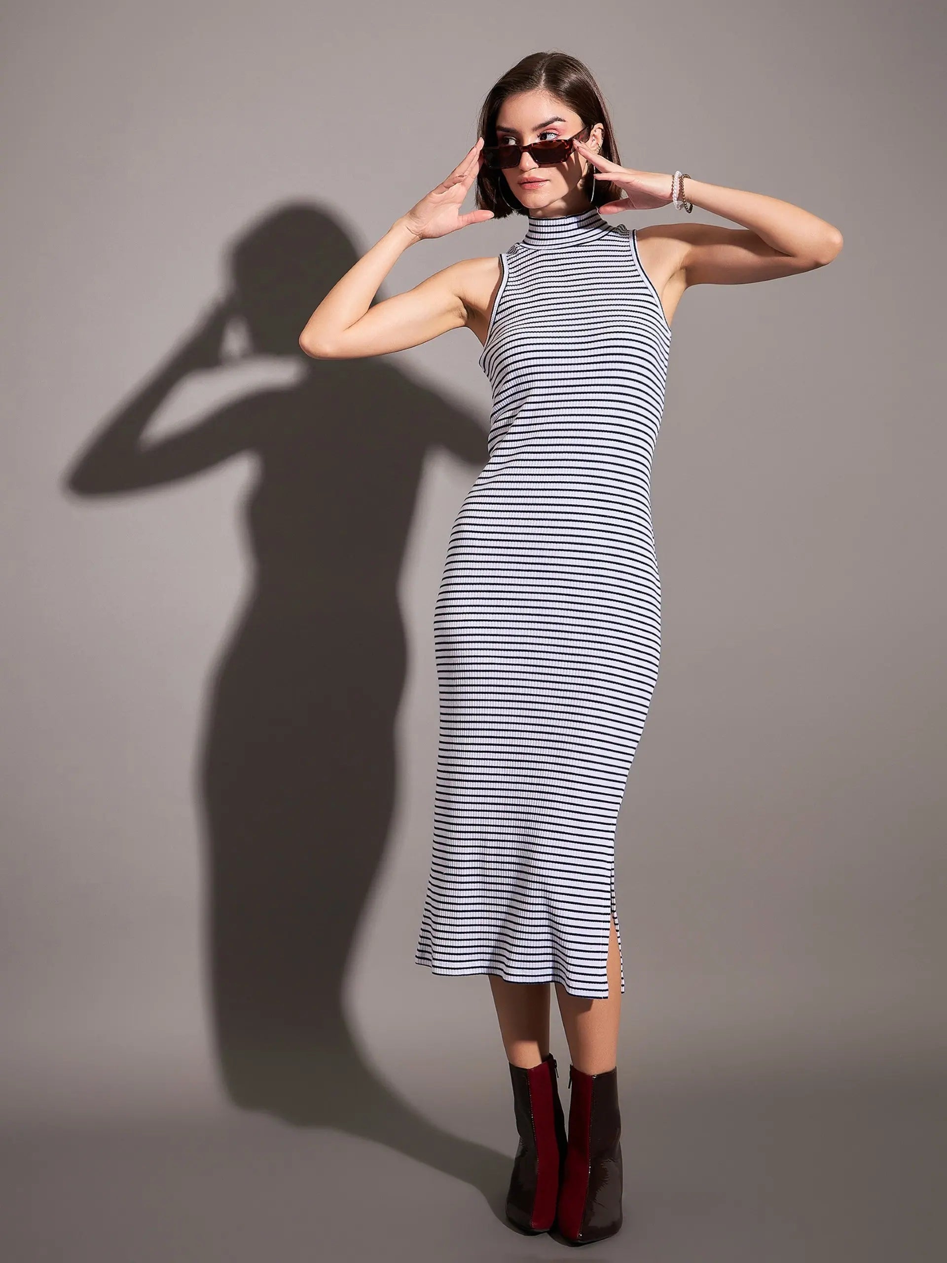 Navy Striped Rib Dress - Sleeveless Turtle Neck, Slim Fit