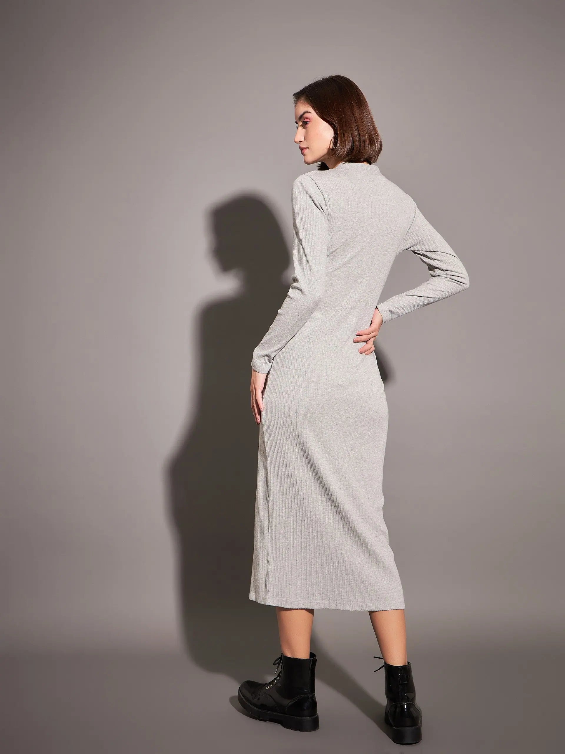 Grey Rib Midi Dress - Bodycon Style with Button Detail